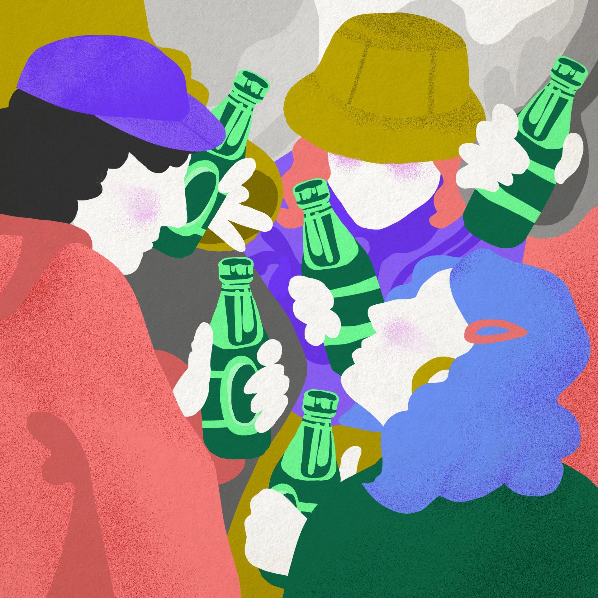 ilustracja - kolorowe młode osoby z zielonymi butelkami z piwemz