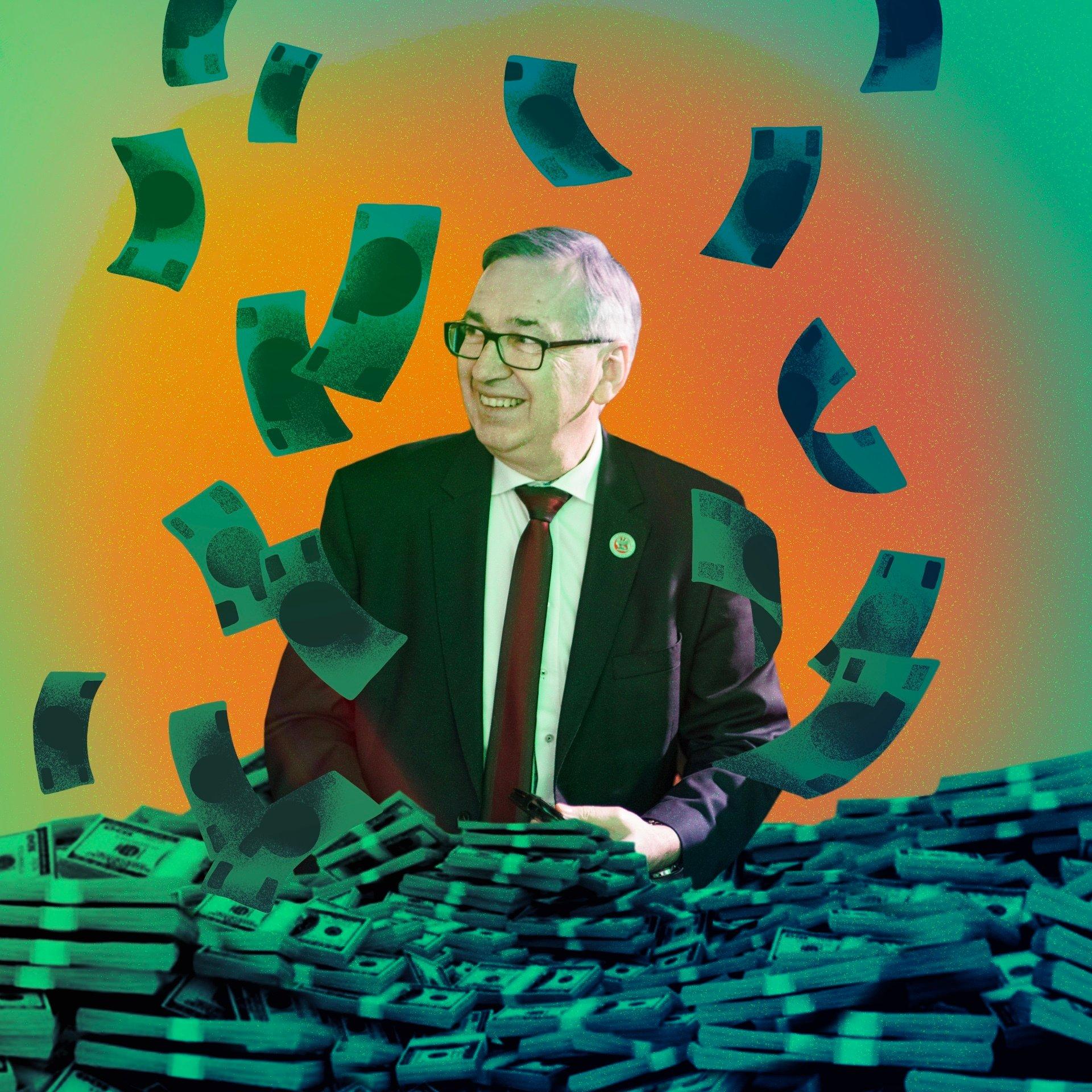 Ilustracja przedstawiająca roześmianego wiceministra Szweda, wokół którego fruwają banknoty.