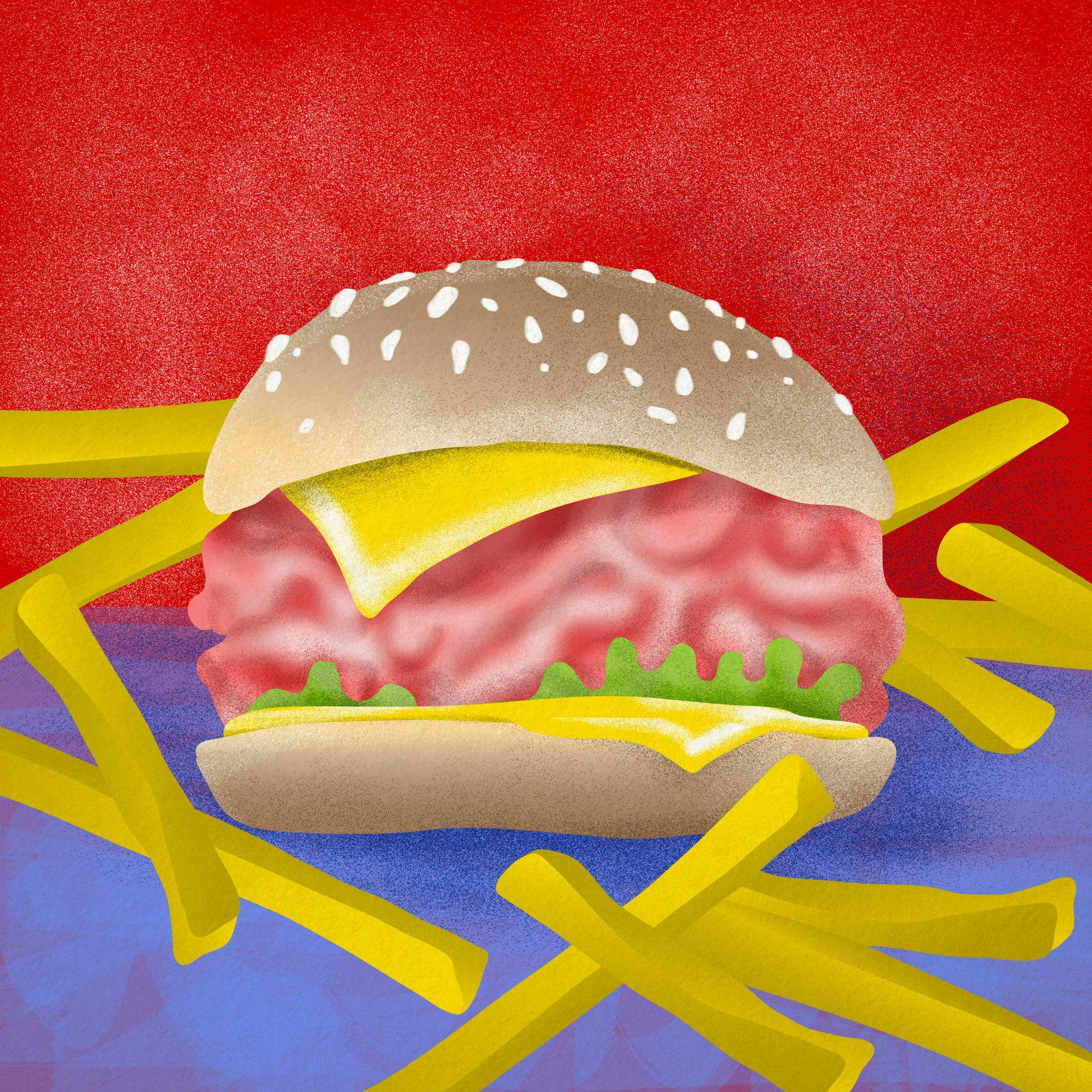 Rysunek kanapki, gdzie zamiast burgera widoczny jest różowy mózg