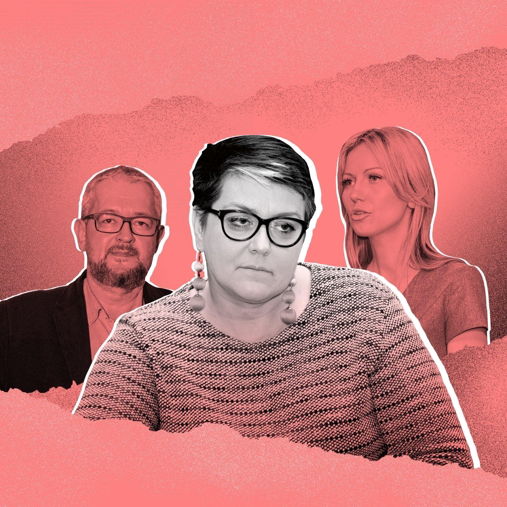 Ilustracja przedstawiająca Rafała Ziemkiewicza, Magdalenę Ogórek i Elżbietę Podleśną. Podleśna na pierwszym planie w okularach, swetrze i krótkiej fryzurze..