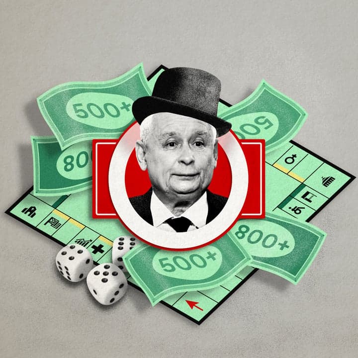 Portret Jarosława Kaczyńskiego w meloniku na tle planszy do gry w Eurobiznes, na której zamiast banknotów leżą kartki z napisem 800 plus i 500 plus oraz kostki do gry..