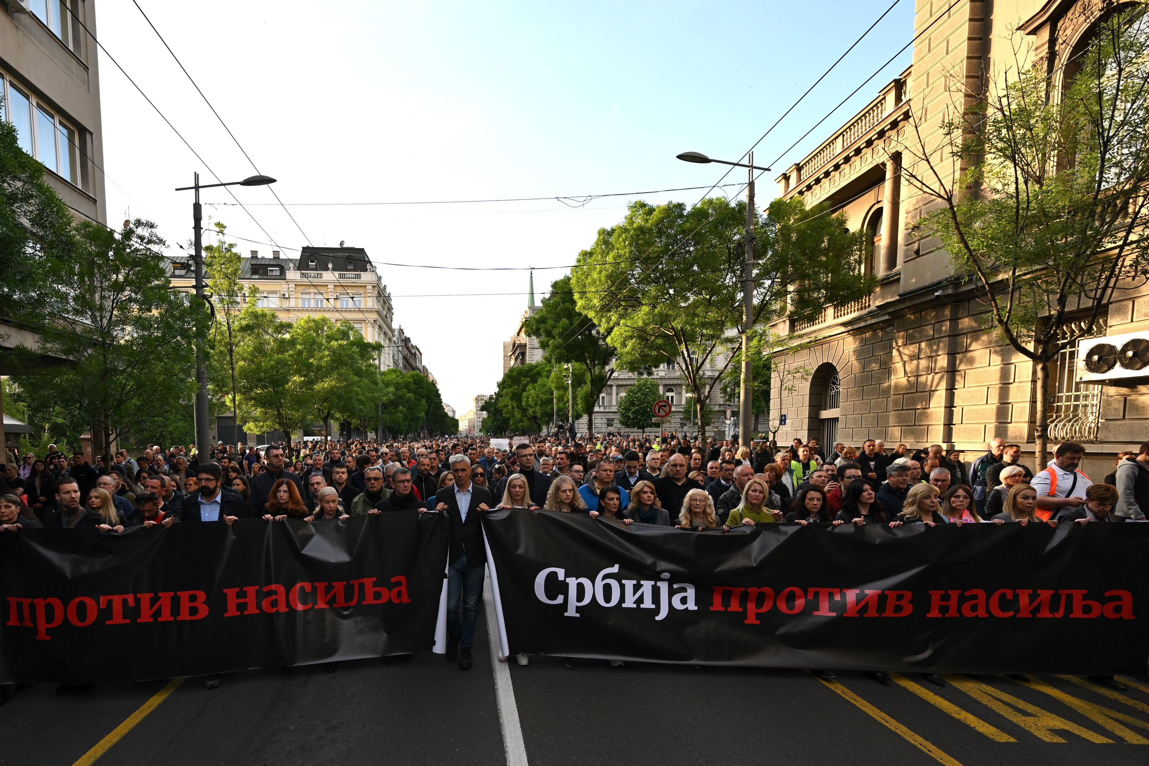 tłum ludzi idący z banerem „Serbia przeciw przemocy"