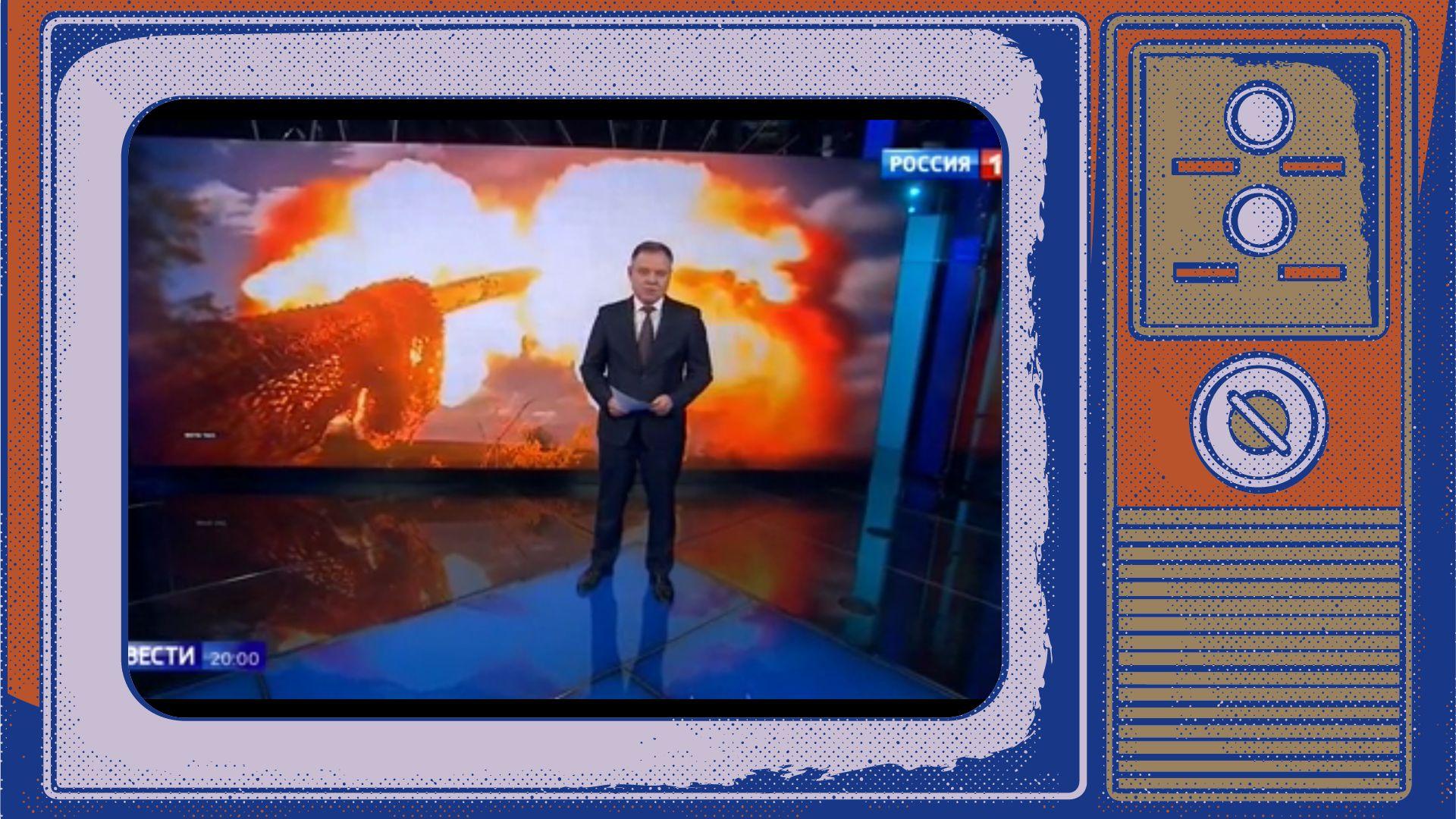 Grafika: w ramce starego telewizora screen z rosyjskiej telewizji: prezenter i zdjęcie gigantycznego wybuchu