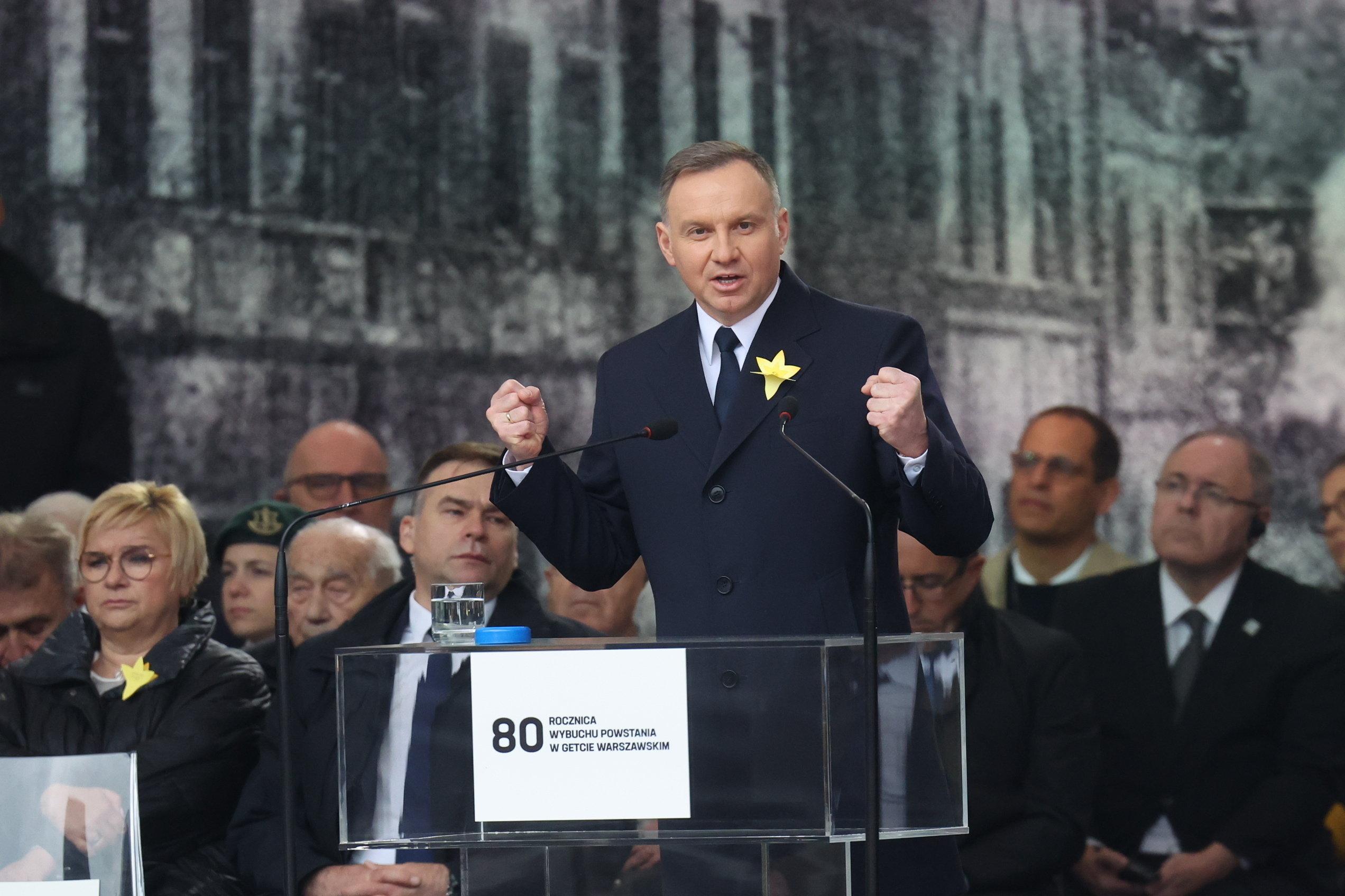 Na zdjęciu Andrzej Duda podczas obchodów 80. rocznicy wybuchu powstania w getcie warszwskim
