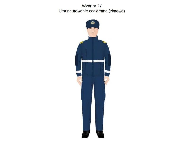 przykładowy mundur zimowy: granatowy zestaw bluza i spodnie, a do tego uszatka