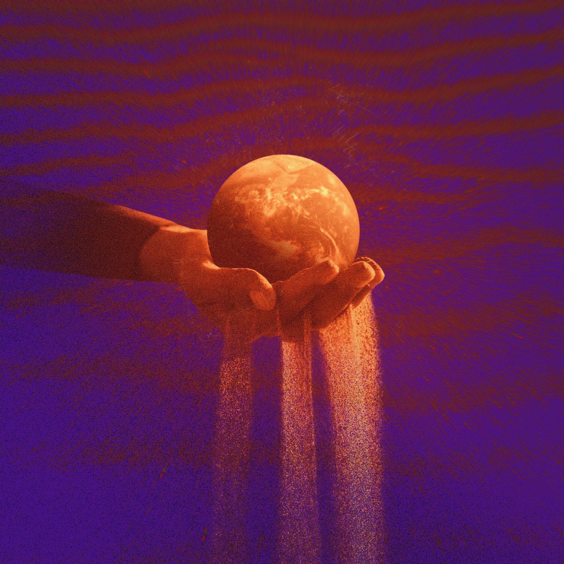 Ilustracja: ręka trzyma glob z którego osypuje sie piasek