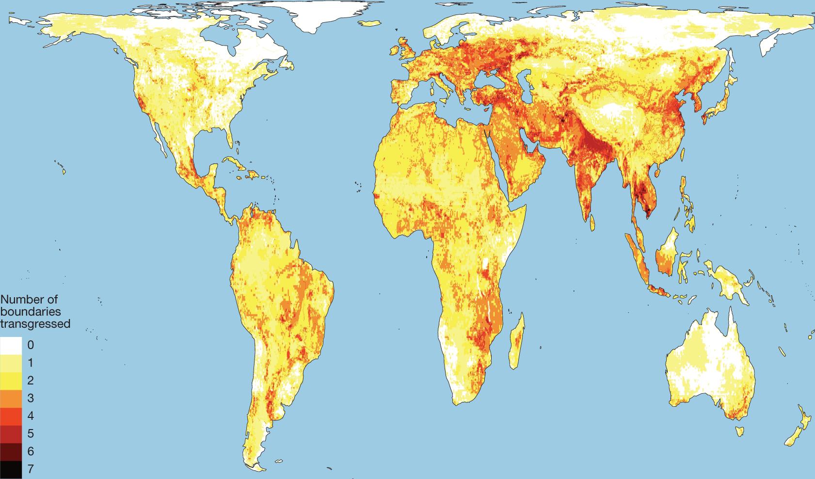 Mapa świata pokazująca liczbę przekroczonych "granic wytrzymałości" w danym obszarze
