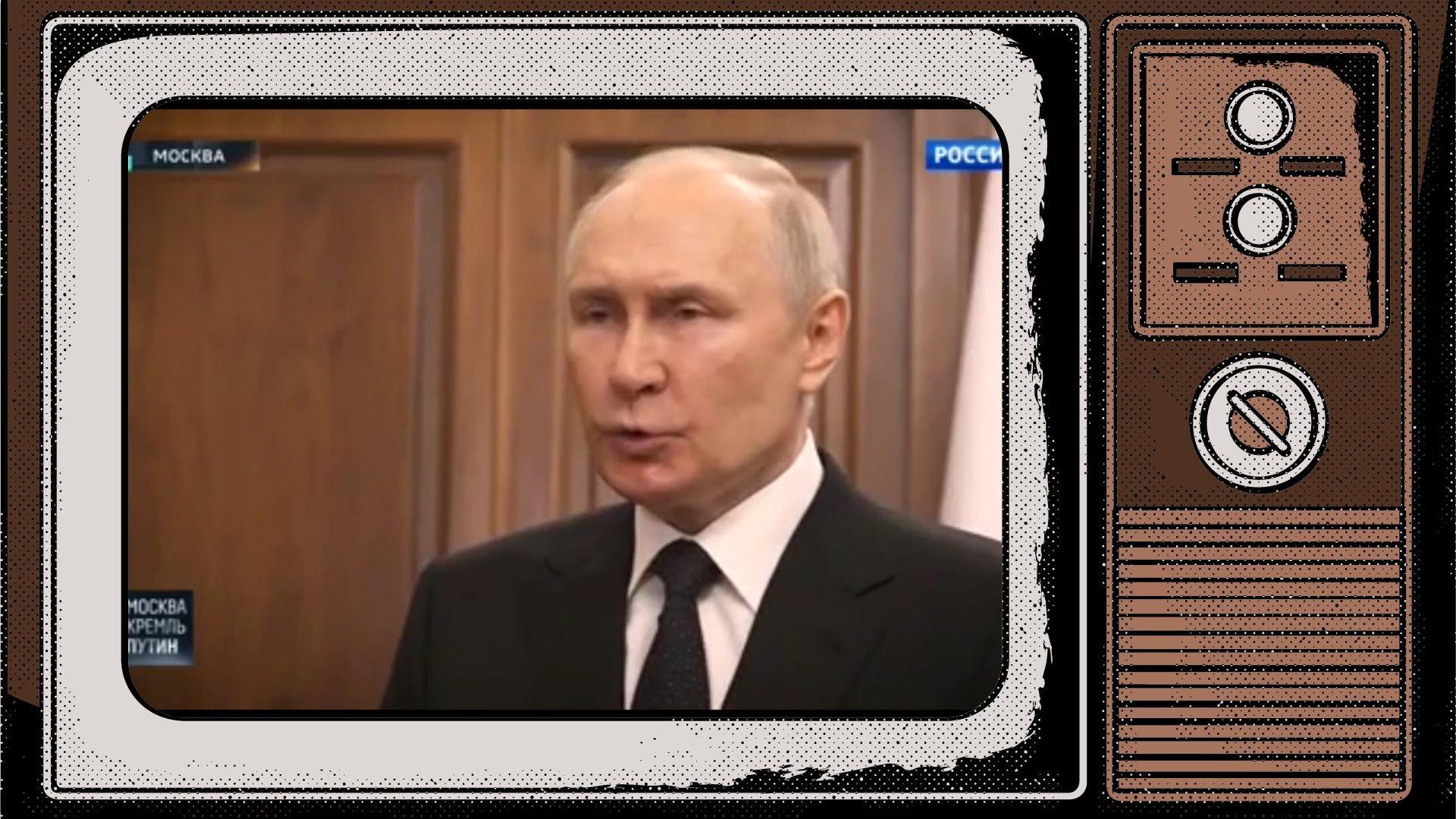 Grafika: w ramce starego telewizora przemawiający Putin. Usta układa w dziubek, jakby dmuchał