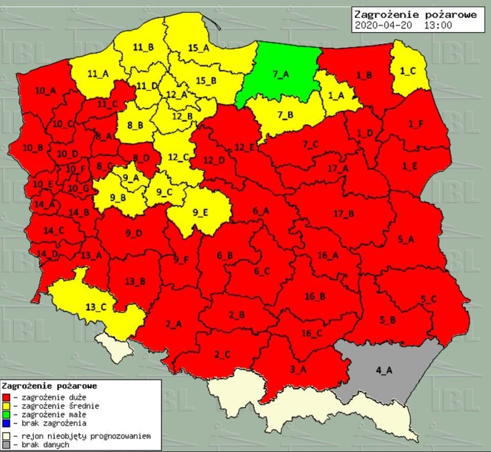 Prawie cała Polska zaznaczona na czerwono, co oznacza wysokie zagrożenie pożarowe