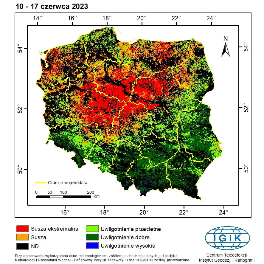 mapa Polski pokazuje, że w centrum kraju susza rolnicza jest najbardziej dotkliwa. Na południu problem nie występuje