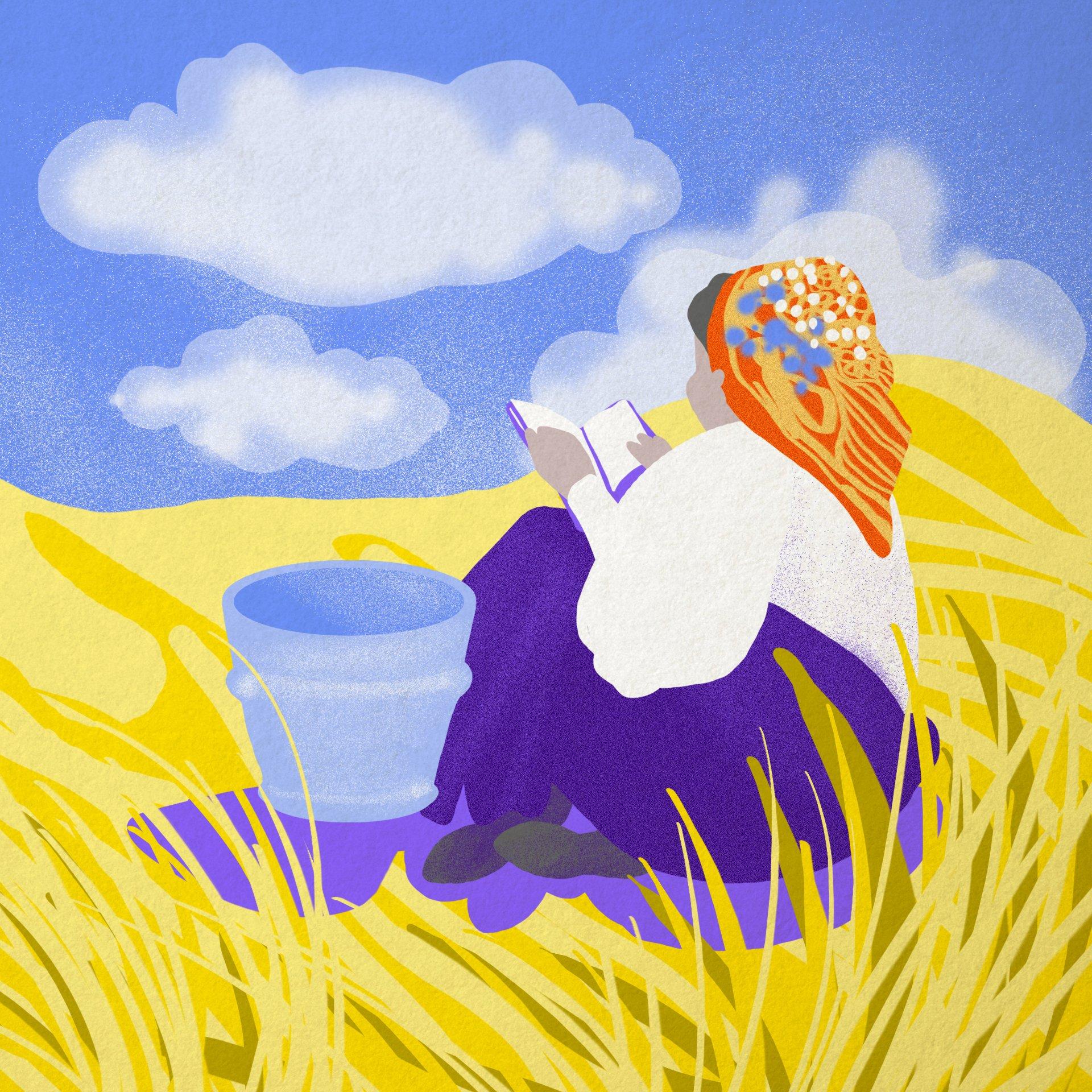 Iustracja przedstawiająca kobietę w chustce na głowie, która siedzi w łanie zboża i czyta książkę. Obok niej stoi wiadro.