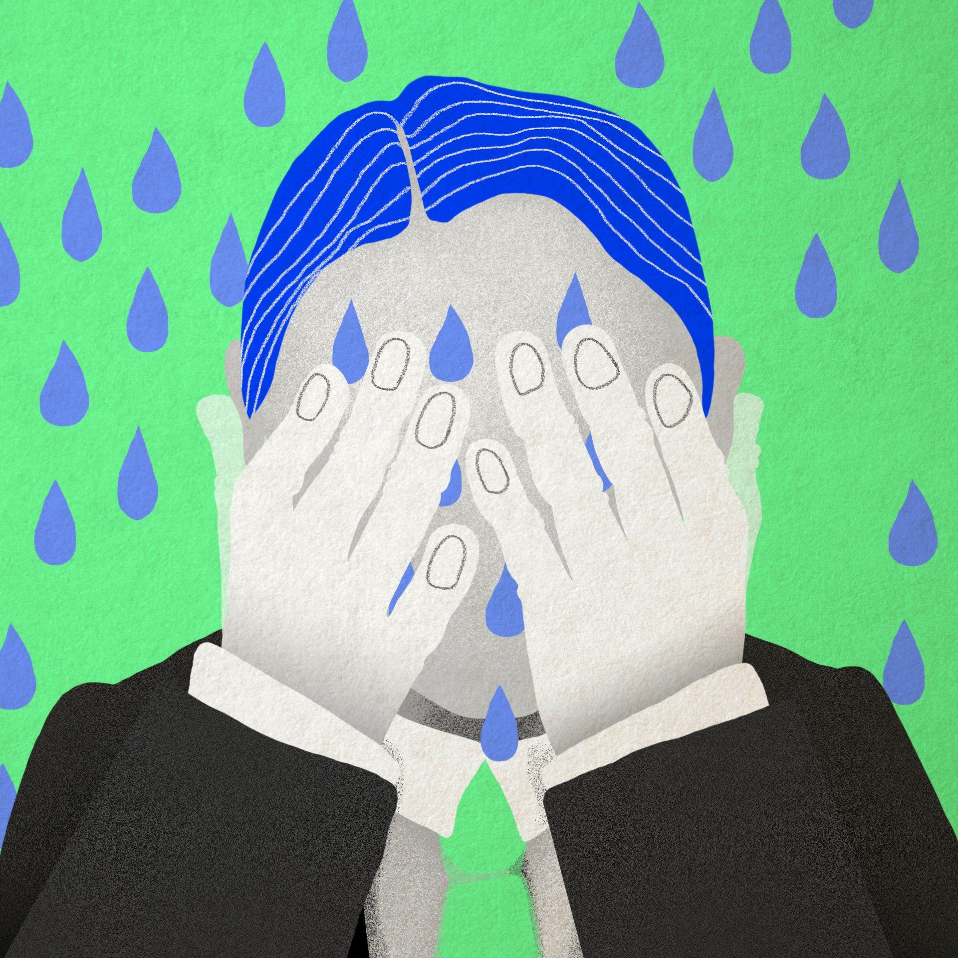 Ilustracja przedstawiająca mężczyznę, który płacze, zasłaniając twarz dłońmi. Z góry spadają krople wody.