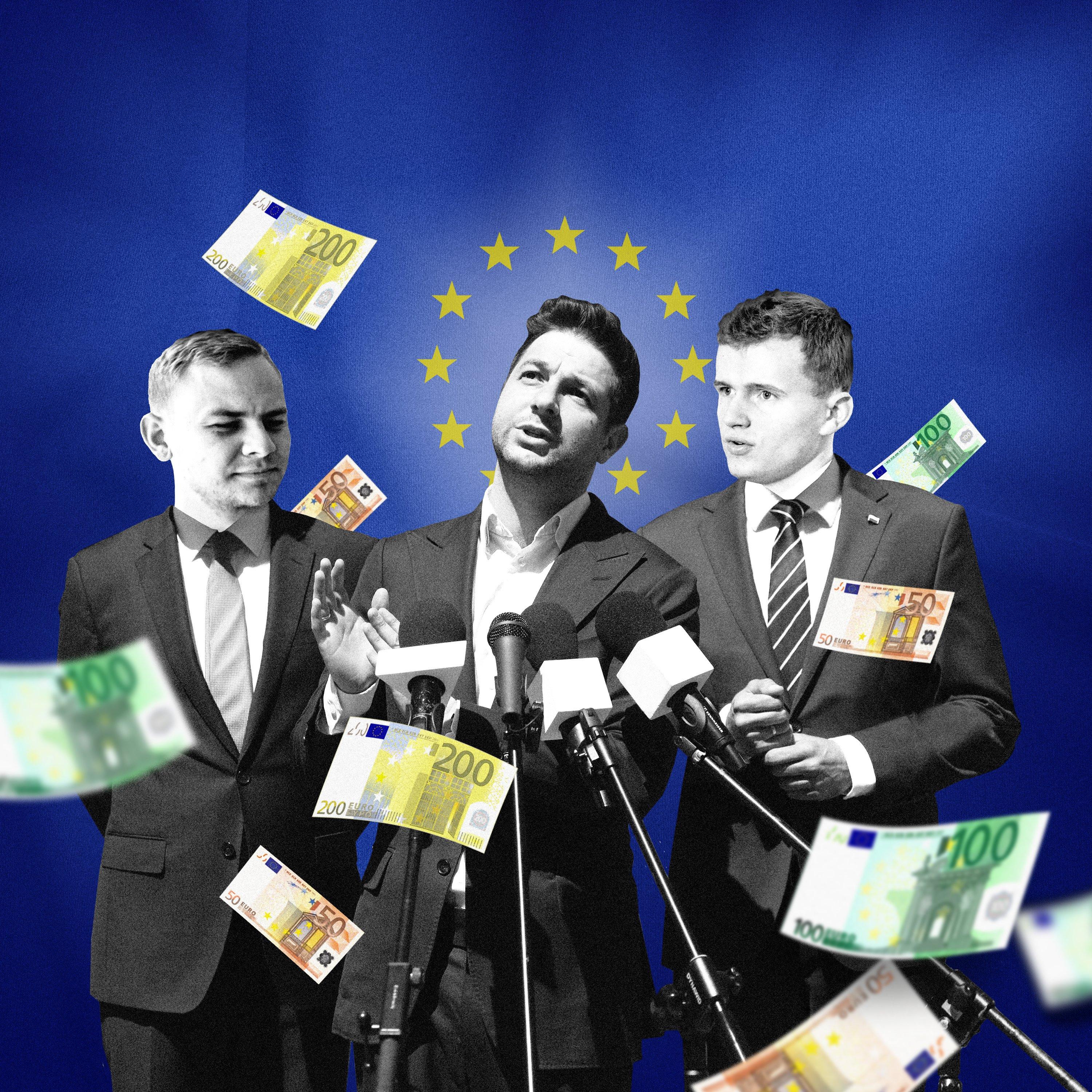 Ilustracja przedstawiająca europosła Patryka Jakiego i jego kolegów, którzy zarobili na kontraktach z EKR: Oliwera Kubickiego i Marcina Rola. Pokazani są na tle flagi UE i wśród fruwających banknotów euro.