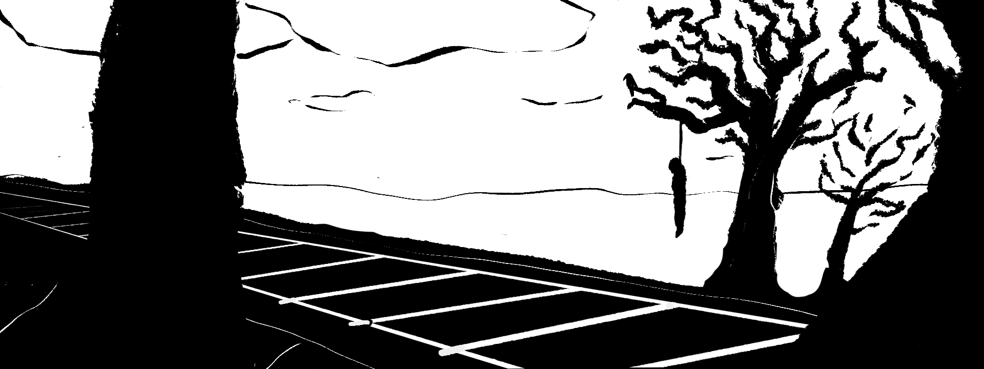 rysunek czarno-biały, tory kolejowe, w głębi za torami drzewo i sylweta wisielca