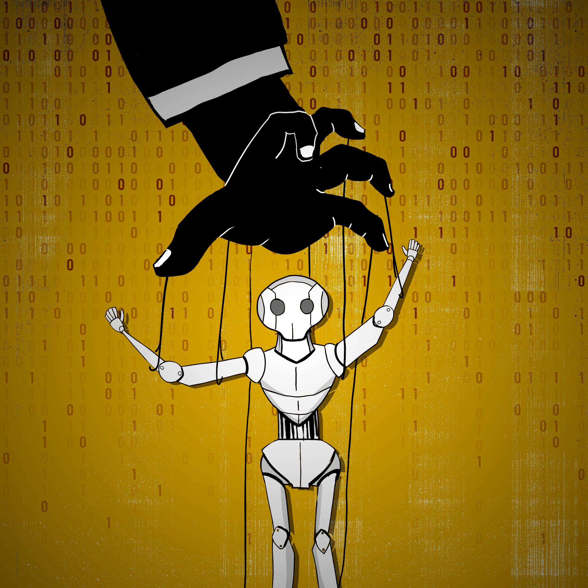 Humanoidalny robot trzymany jak kukiełka na sznurkach przez rękę w marynarce
