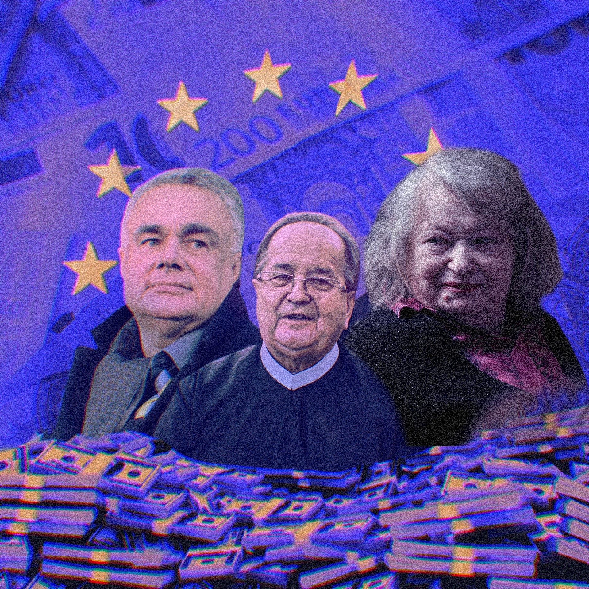 Ilustracja przedstawiająca Tomasza Sakiewicza, Tadeusza Rydzyka i Janinę Goss na tle unijnej flagi. Przed nimi stos banknotów euro