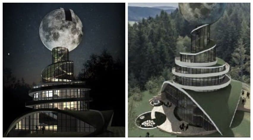 Dwie wizualizacje projektu schroniska w kształcie szklanej spirali, zwieńczonej księżycową kulą.
