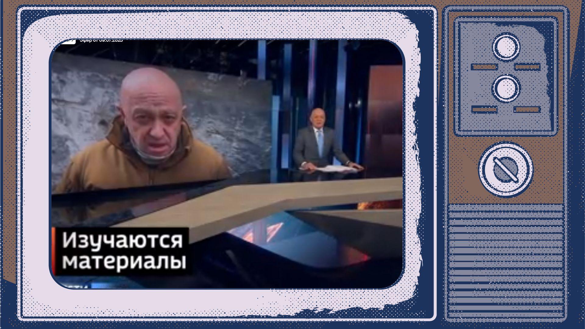Grafika: w ramce starego telewizora kadr ze studoa telewizyjnego: wielkie zdjęcie Prigożyna i prezenter (Kisielow)