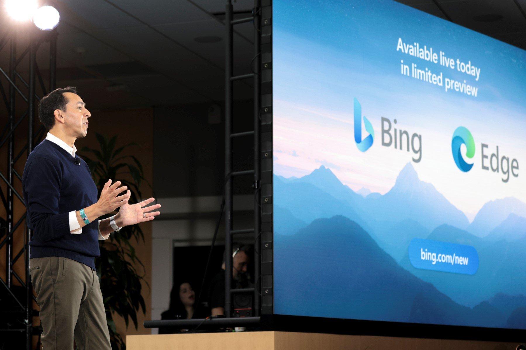 Yusuf Mehdi, Microsoft Corporate Vice President of Modern Life, Search, and Devices speaks during an event introducing a new AI-powered Microsoft Bing and Edge at Microsoft in Redmond, Washington on February 7, 2023. - Microsoft's long-struggling Bing search engine will integrate the powerful capabilities of language-based artificial intelligence, CEO Satya Nadella said, declaring what he called a new era for online search. (Photo by Jason Redmond / AFP)