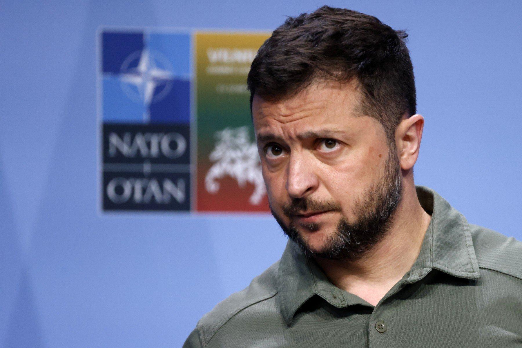 Ukraine's President Volodymyr Zelensky holds a press conference during the NATO Summit in Vilnius on July 12, 2023. (Photo by LUDOVIC MARIN / AFP)
