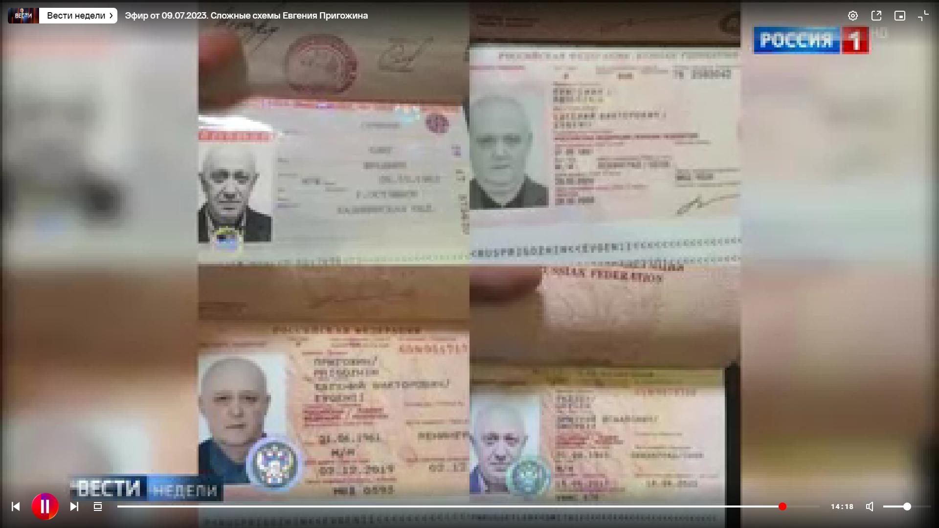 Telewizyjny kadr z paszportami dla tej samem osoby (Prigożyna) na różne naziwska