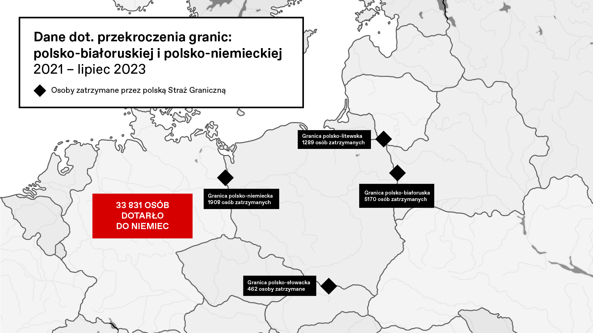 mapa z liczbami pokazuje, ile osób z granicy polski-bialoruskiej trafiło do Niemiec