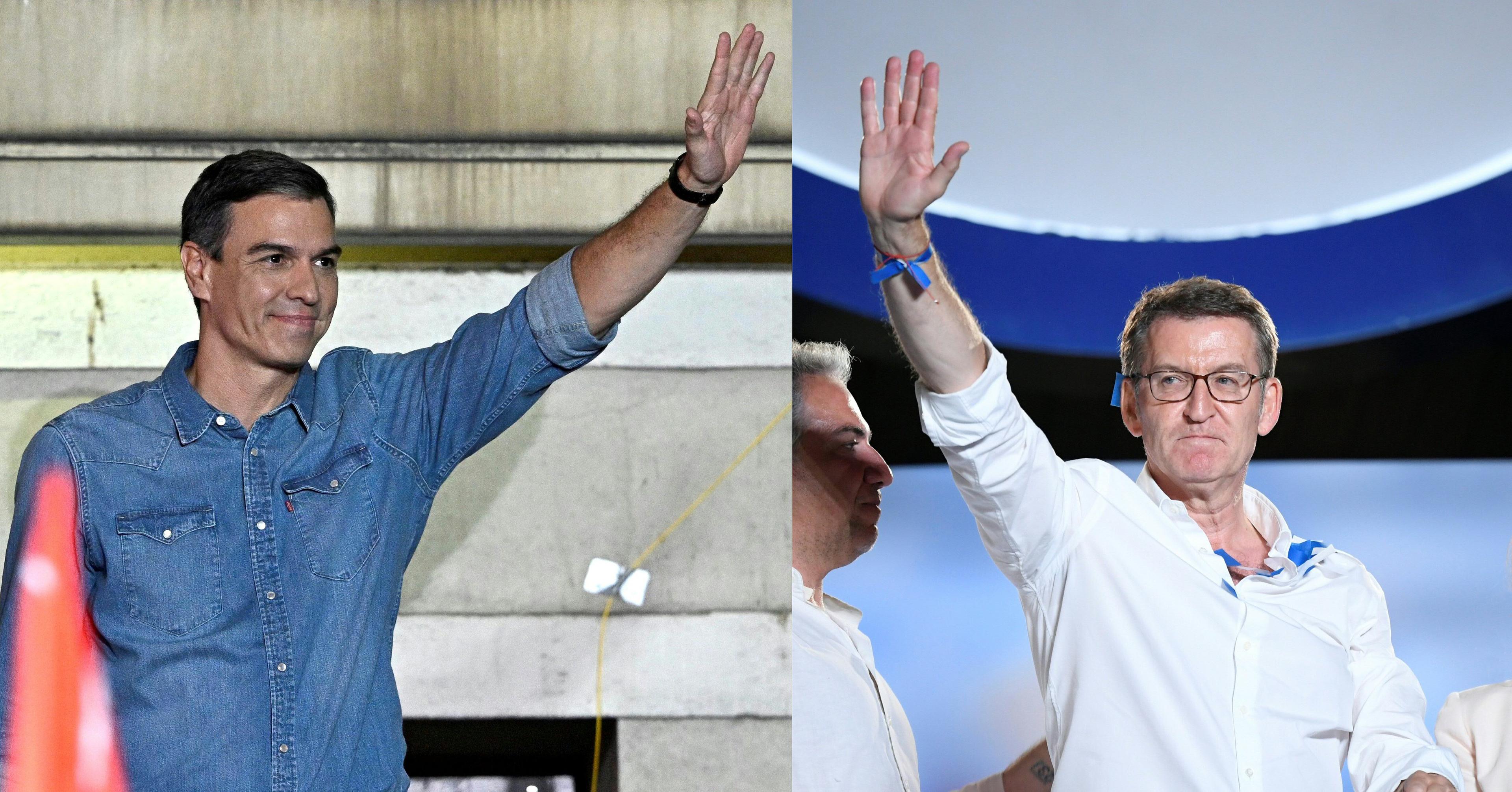 (COMBO) This combination of pictures created on July 24, 2023 shows Spanish Prime Minister and Socialist Party (PSOE) candidate for re-election Pedro Sanchez (R) and leader and candidate of conservative Partido Popular (People's Party) Alberto Nunez Feijoo waving at their headquarters in Madrid after Spain's general election on July 23, 2023. - The Spanish right is only just slightly ahead of the socialists of Prime Minister Pedro Sanchez, who maintains a chance to stay in power through the game of alliances, following Spain's general election. (Photos by JAVIER SORIANO and OSCAR DEL POZO / AFP)
