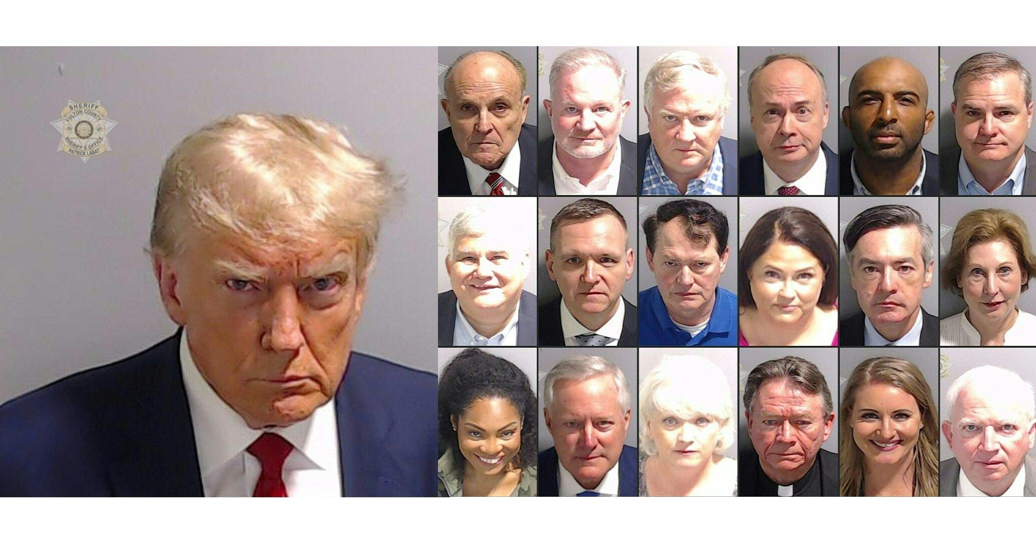 (COMBO) This combination of pictures created on August 25, 2023 shows the booking photos released by the Fulton County Sheriff's Office of former US President Donald Trump (L),(top L to R) former New York City Mayor and attorney of former US President Donald Trump, Rudy Giuliani, poll watcher Scott Hall, former US president Donald Trump lawyer Robert Cheeley, former Justice Department official Jeffrey Clark, executive director of Black Voices For Trump Floyd Harrison, Georgia state Senator Shawn Still,(center L to R) former chairman of the Georgia Republican Party David Shafer, former Donald Trump campaign official Mike Roman, former US president Donald Trump lawyer Ray Smith, former Coffee County elections supervisor Misty Hampton, former US president Donald Trump lawyer Kenneth Chesebro, former US president Donald Trump lawyer Sidney Powell, (bottom L to R) Chicago-based publicist Trevian Kutti, former US President Donald Trump's White House chief of staff Mark Meadows, former GOP chair for Coffee County and a member of the Georgia Republican Party's executive committee Cathy Latham, chaplain and former law enforcement officer Stephen Cliffgard Lee, former US president Donald Trump lawyer Jenna Ellis, former US president Donald Trump lawyer John Eastman. - Former US president Donald Trump was arrested at a Georgia jail on August 24, 2023 on racketeering and conspiracy charges and released on a $200,000 bond after having a historic mug shot taken. Trump, who is accused of colluding with 18 other defendants to overturn the 2020 election result in the southern state, spent less than 30 minutes inside Atlanta's Fulton County Jail before leaving in a motorcade for the airport. Like the other defendants in the case who have surrendered so far, the 77-year-old Trump had his mug shot taken during the booking process -- a first for any serving or former US president. (Photo by - and Handout / FULTON COUNTY SHERIFF'S OFFICE / AFP) / RESTRICTED TO EDITORIAL USE - MANDATORY C