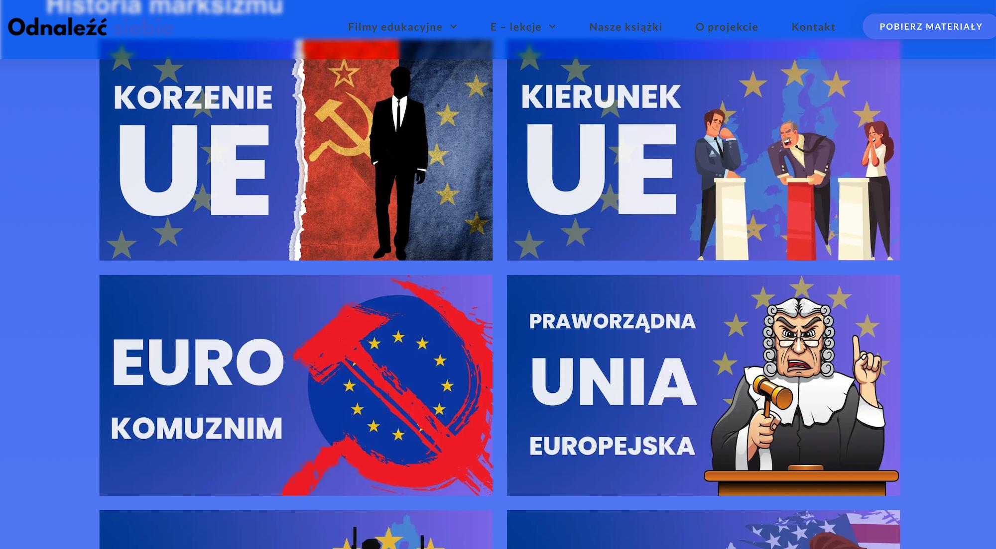 Zrzut ekranu ze strony projektu Odnaleźć Siebie pokazujący materiały o Unii Europejskiej jako sile marksistowskiej