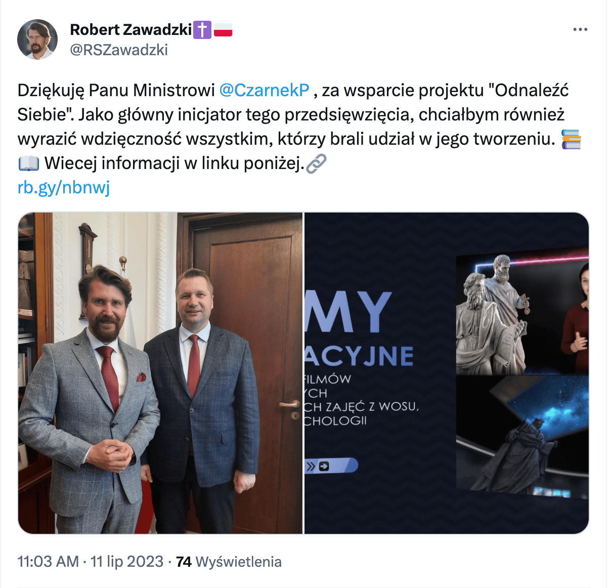 Post z Twittera Roberta awadzkiego z jego zdjęciem i tekstem: Dziękuję Panu Ministrowi @CzarnekP , za wsparcie projektu "Odnaleźć Siebie". Jako główny inicjator tego przedsięwzięcia, chciałbym również wyrazić wdzięczność wszystkim, którzy brali udział w jego tworzeniu. 📚📖 Wiecej informacji w linku poniżej.