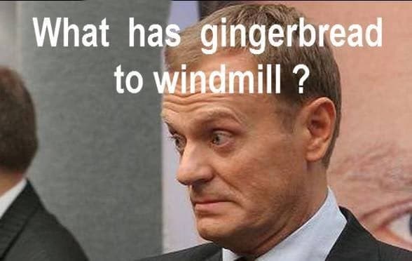 mem: zamyślony Tusk pyta, What has gingerbread to windmill?