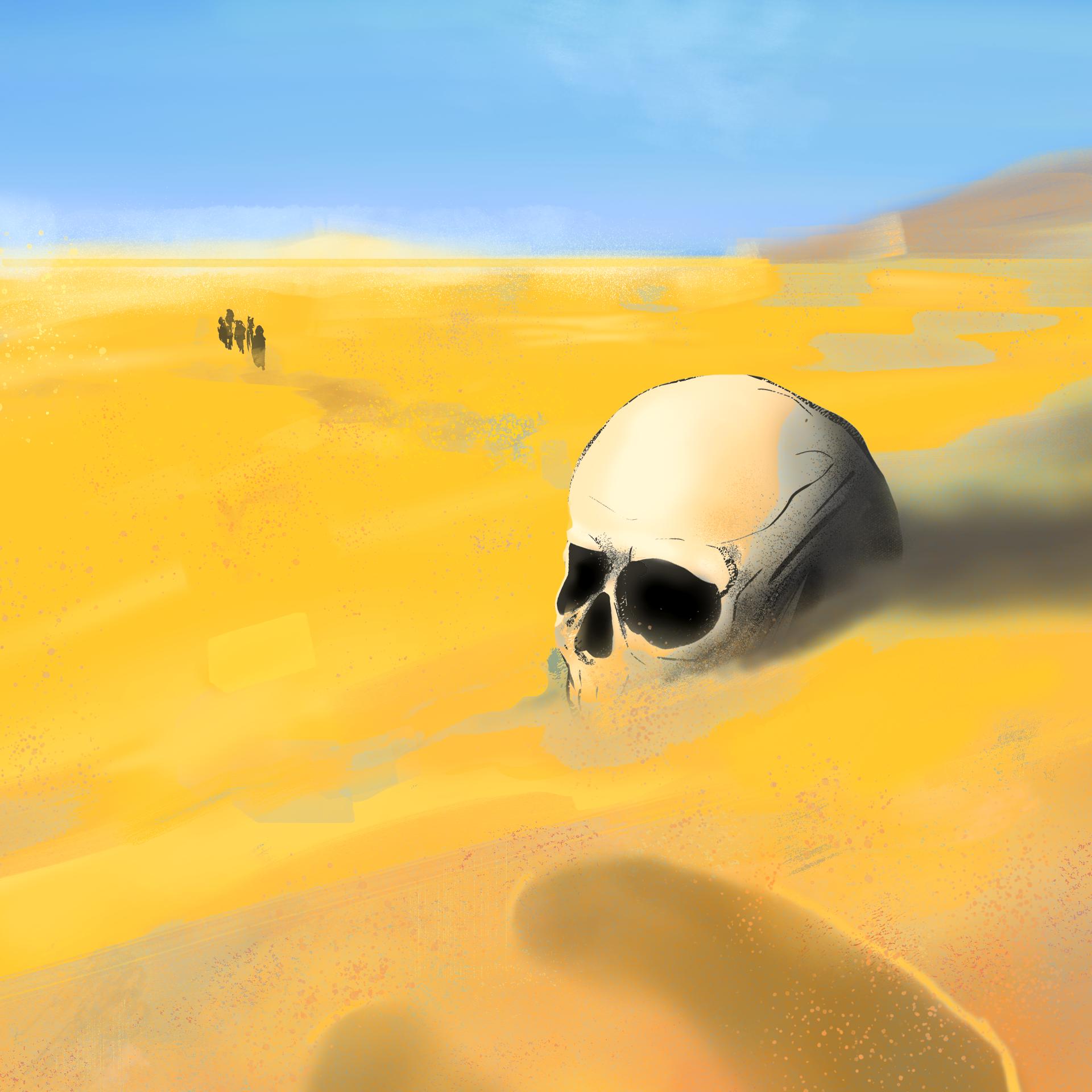 Ilustracja przedstawia pustynię, na pierwszym plane ludzka czaszka, w głębie sznureczek postaci brnie przez piasek
