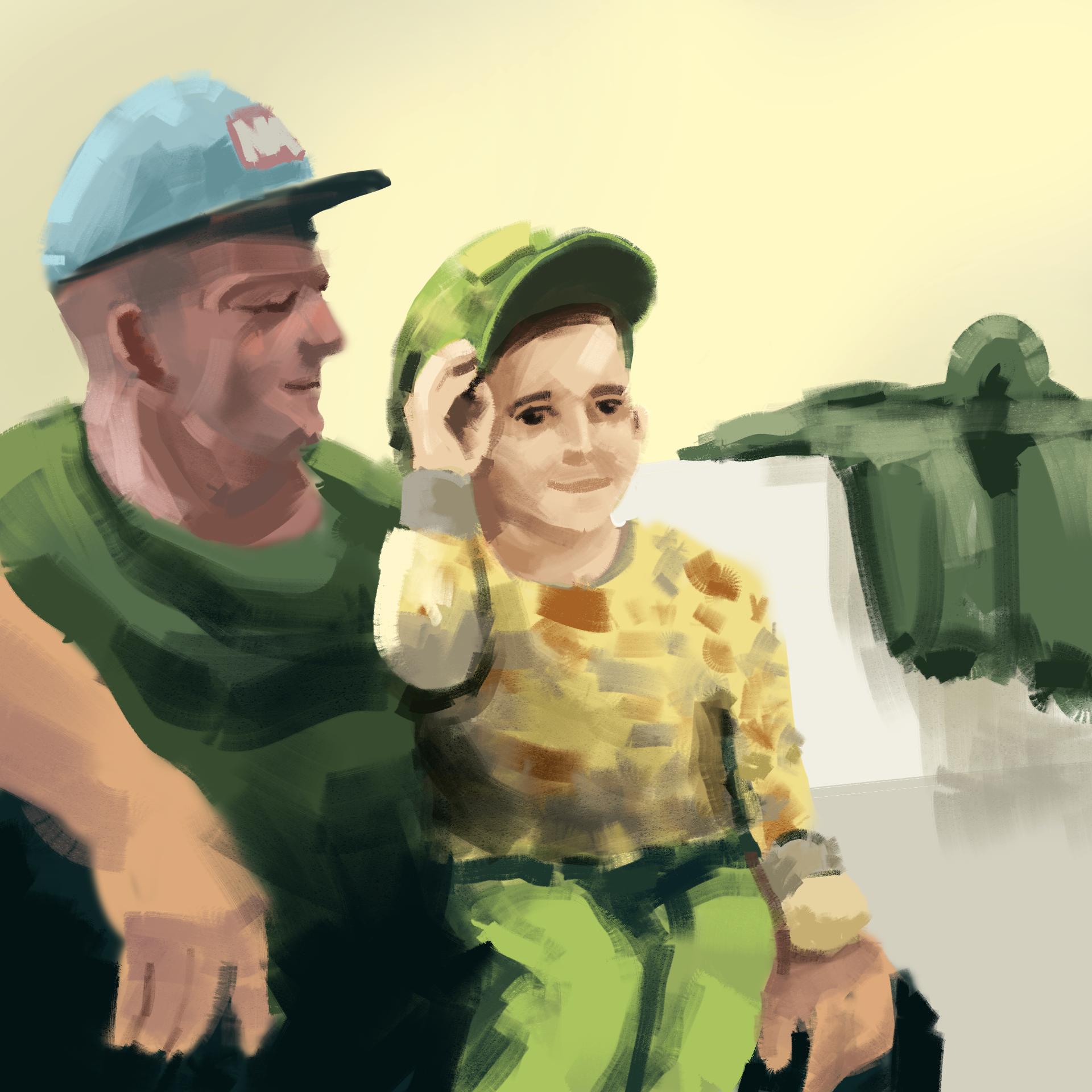 Postać starszego mężczyzny w wojskowej koszulce, na kolanach siedzi mu mały chłopiec z czapką wojskową na głowie