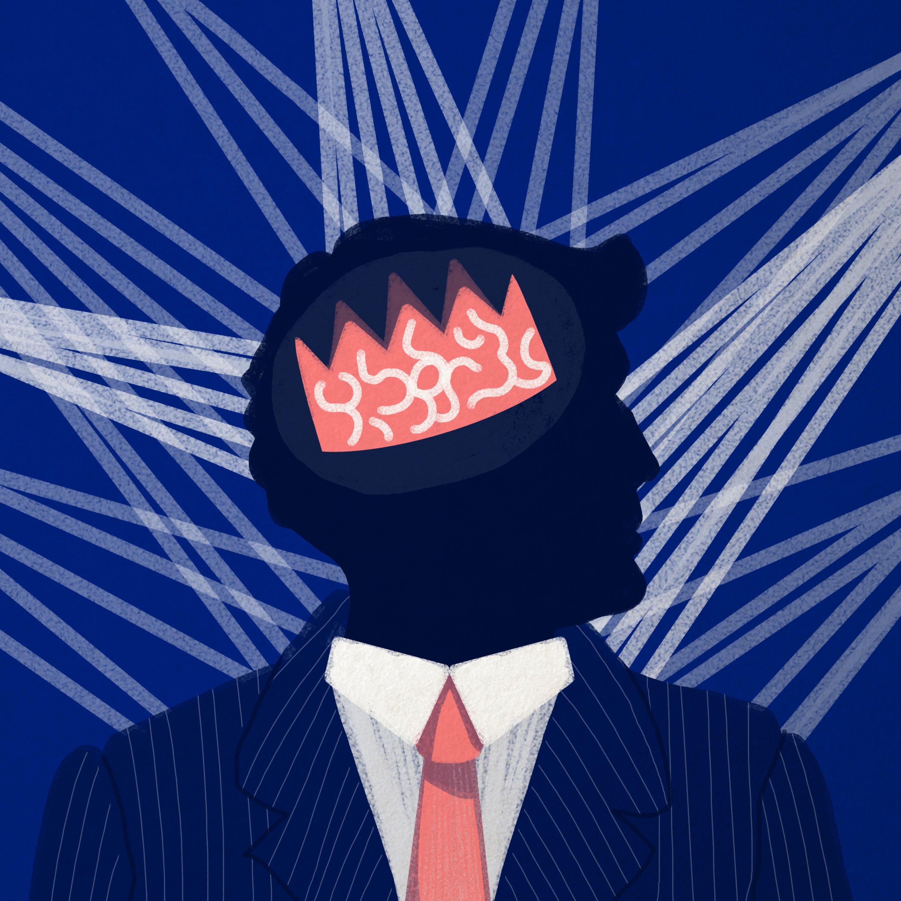 Schematyczny rysunek mężczyzny w garniturze z przekrzywioną koroną na głowie