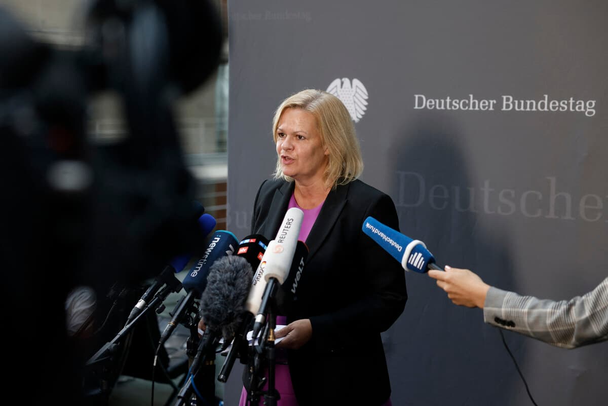 German Interior Minister Nancy Faeser gives a press statement on increased controls at borders with Poland and the Czech Republic in Berlin on September 27, 2023. (Photo by Odd ANDERSEN / AFP)