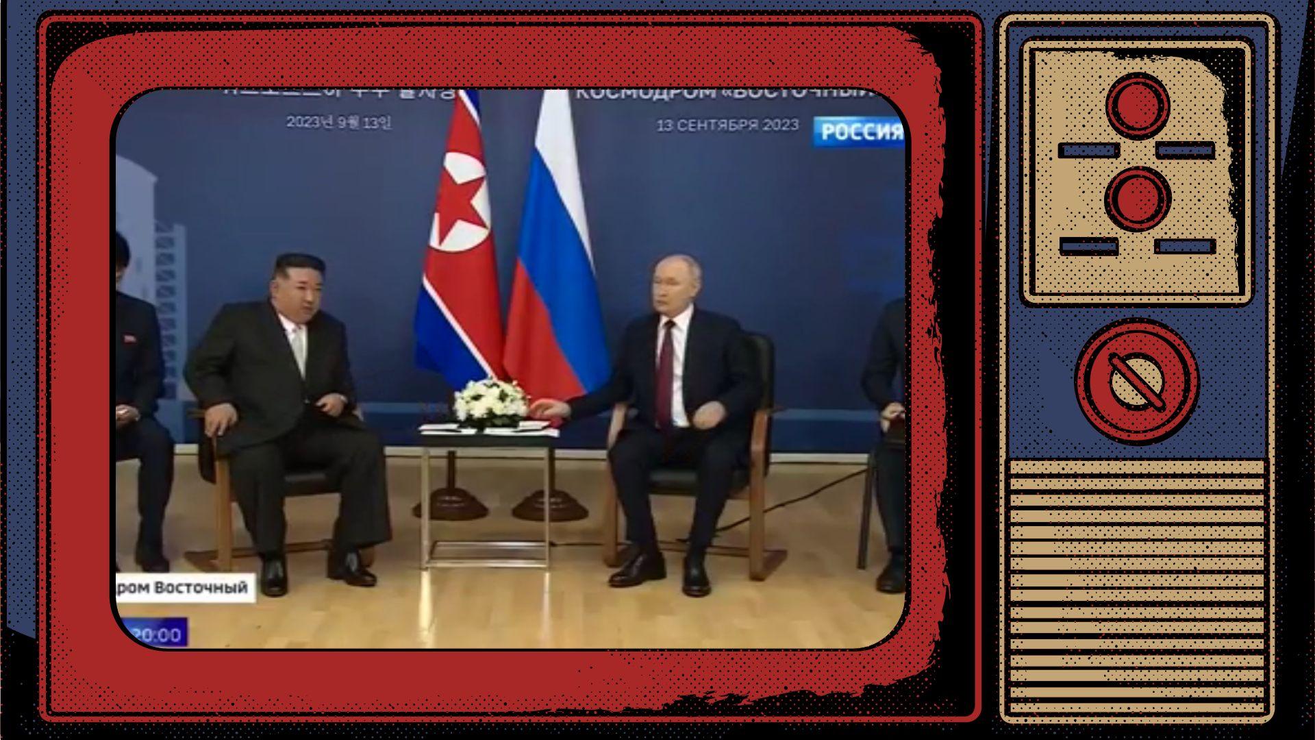 Grafika: w ramkę starego telewizora wstawione zdjęcie Kima i Putina na fotelach