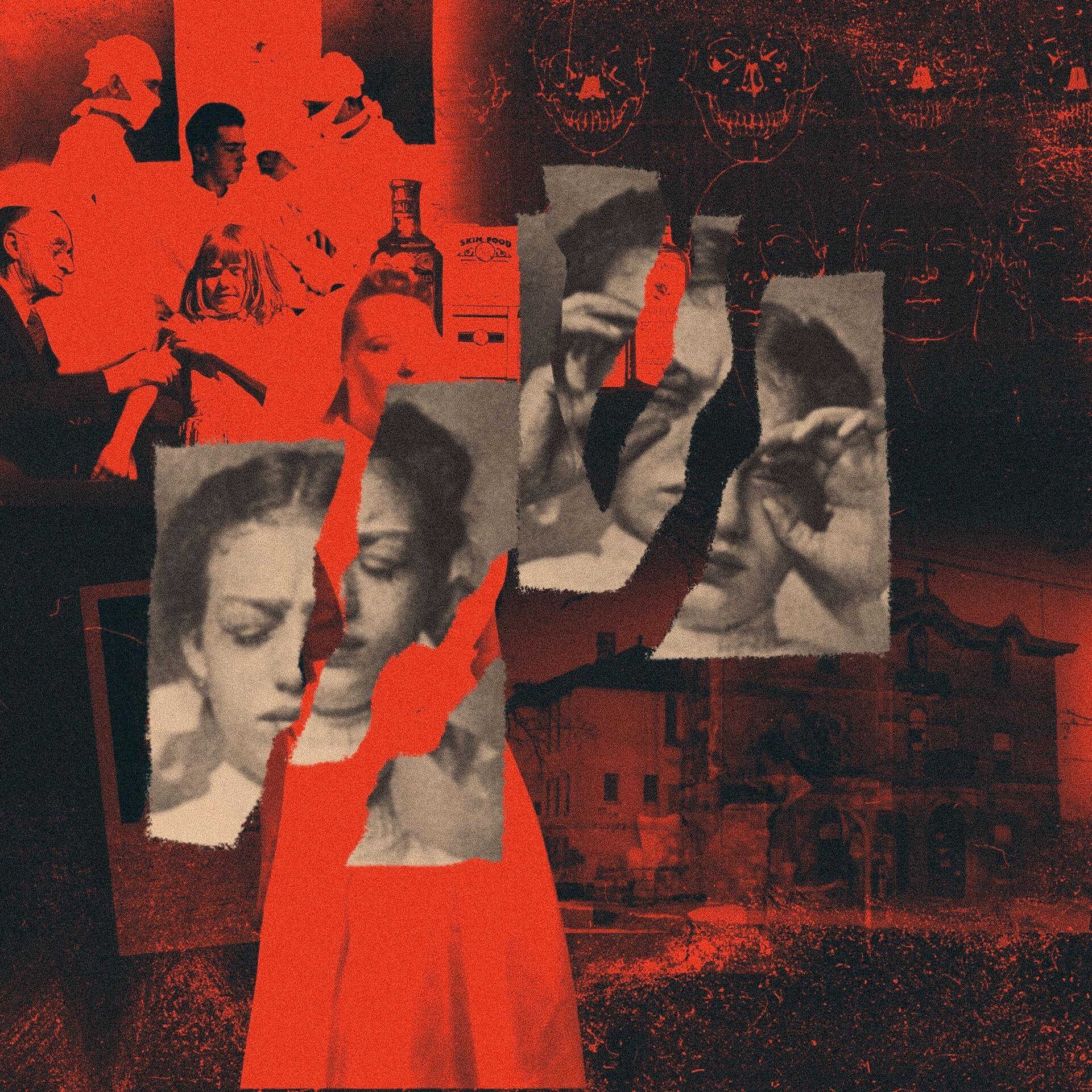Ilustracja przedstawiająca dwa przedarte zdjęcia kobiety z zamkniętymi oczami,w tle fotografia starego szpitala w kolorze czarno-czerwonym