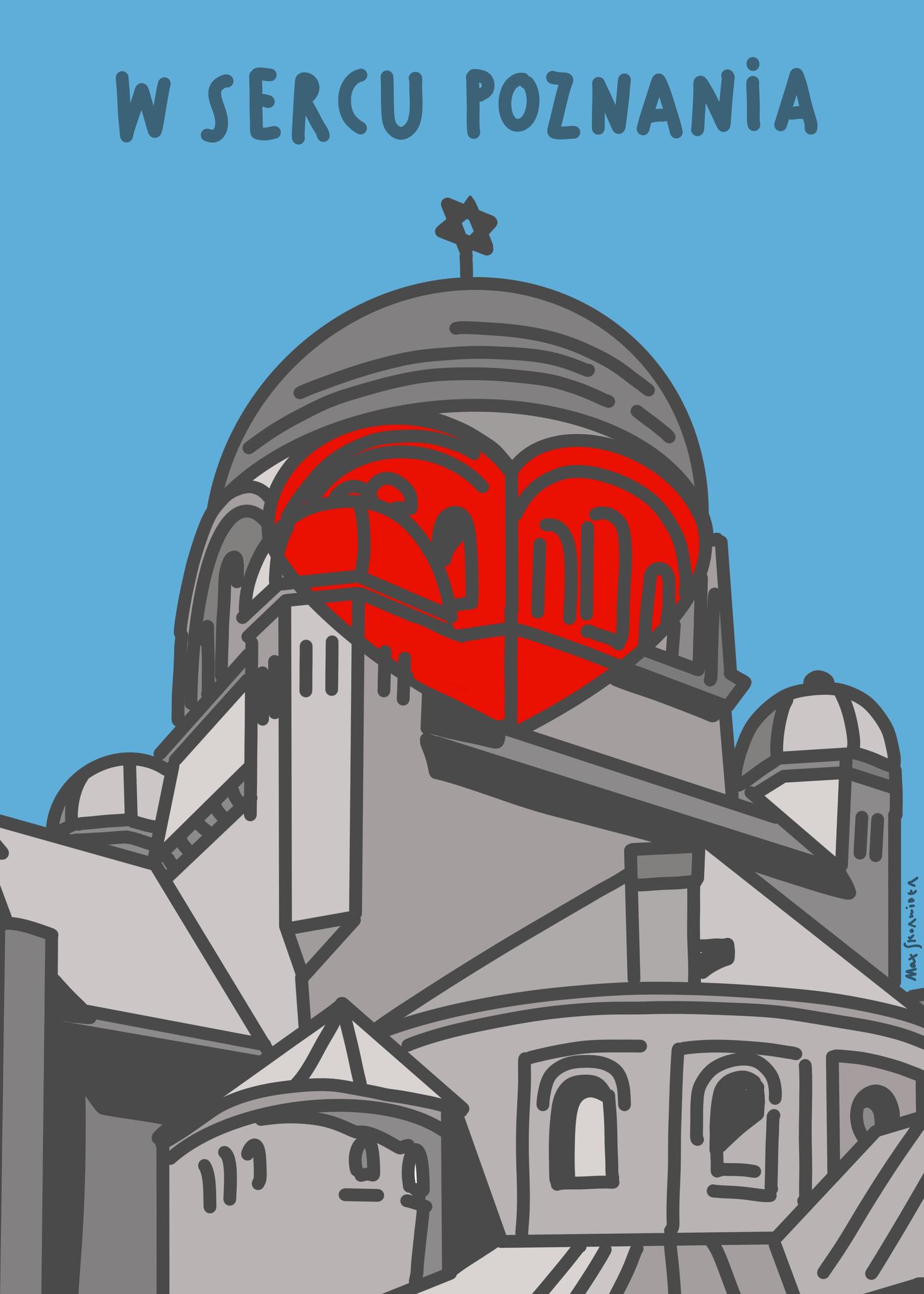 Rysunek: budynek z gwiazda Dawida czerwone serce wpisane w kopułę.