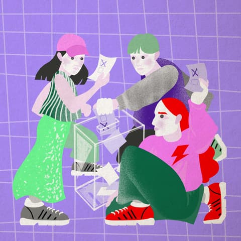 Ilustracja przedstawiająca troje młodych, kolorowy ubranych osób, wrzucających karty wyborcze do urny.