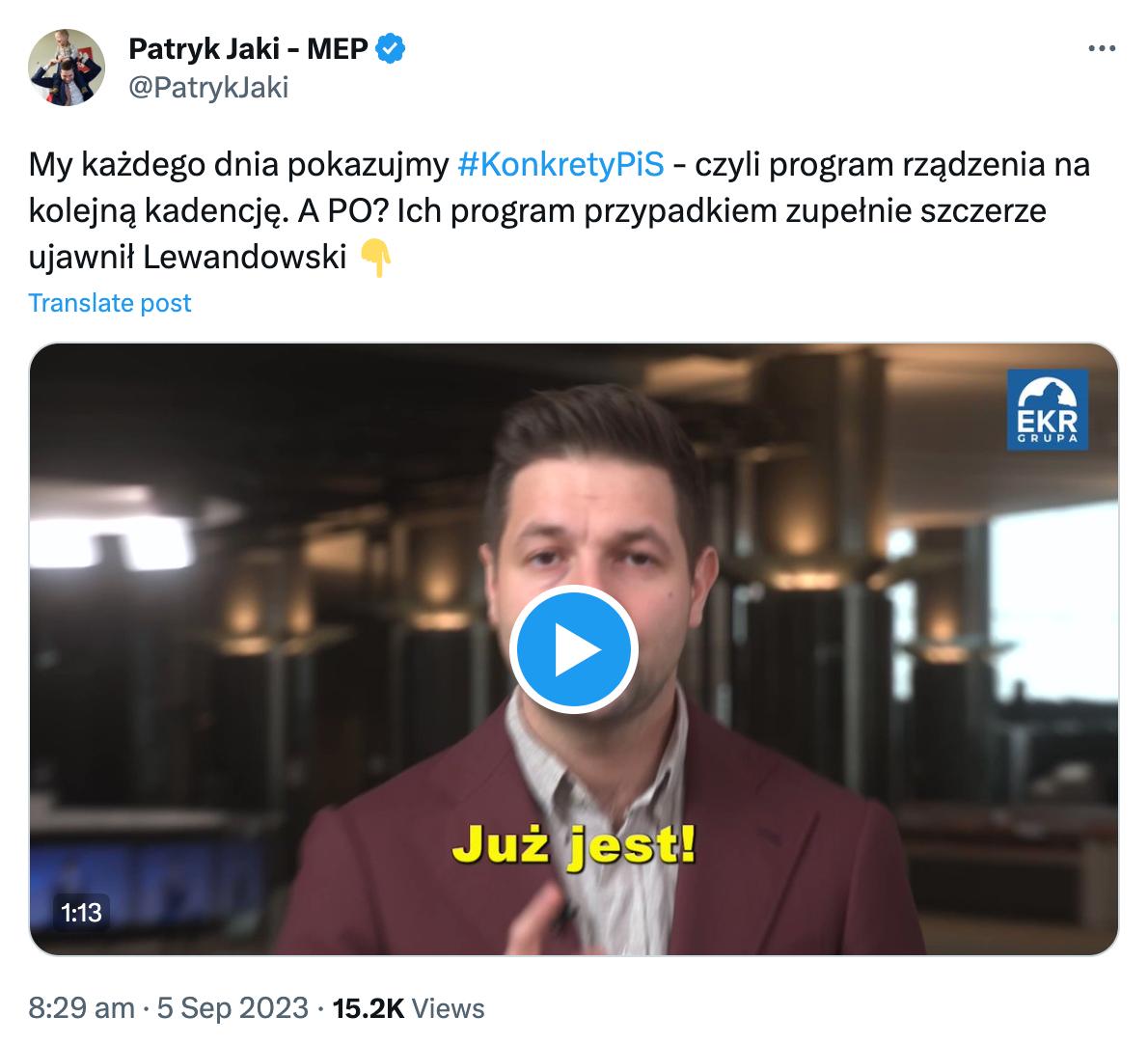 Zrzut ekranu z twitterowym wpisem Patryka Jakiego z jednym z wideo. W komentarzu europoseł używa hasztaga Konkrety PiS.