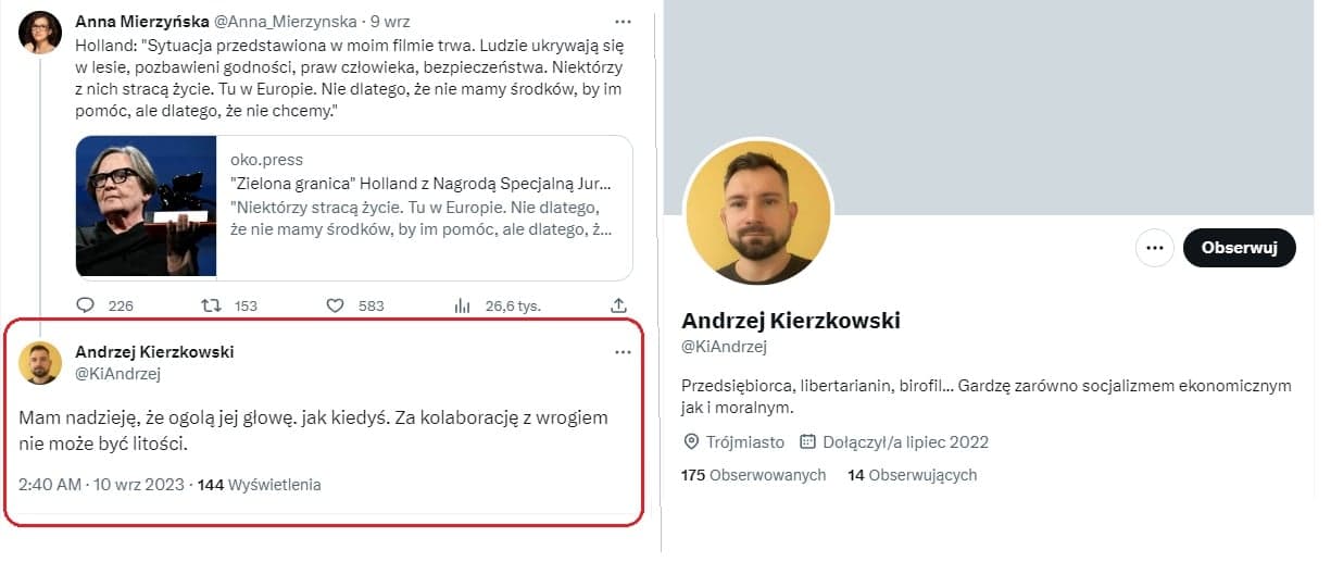Zrzut ekranu z tweetem Andrzeja Kierzkowskiego