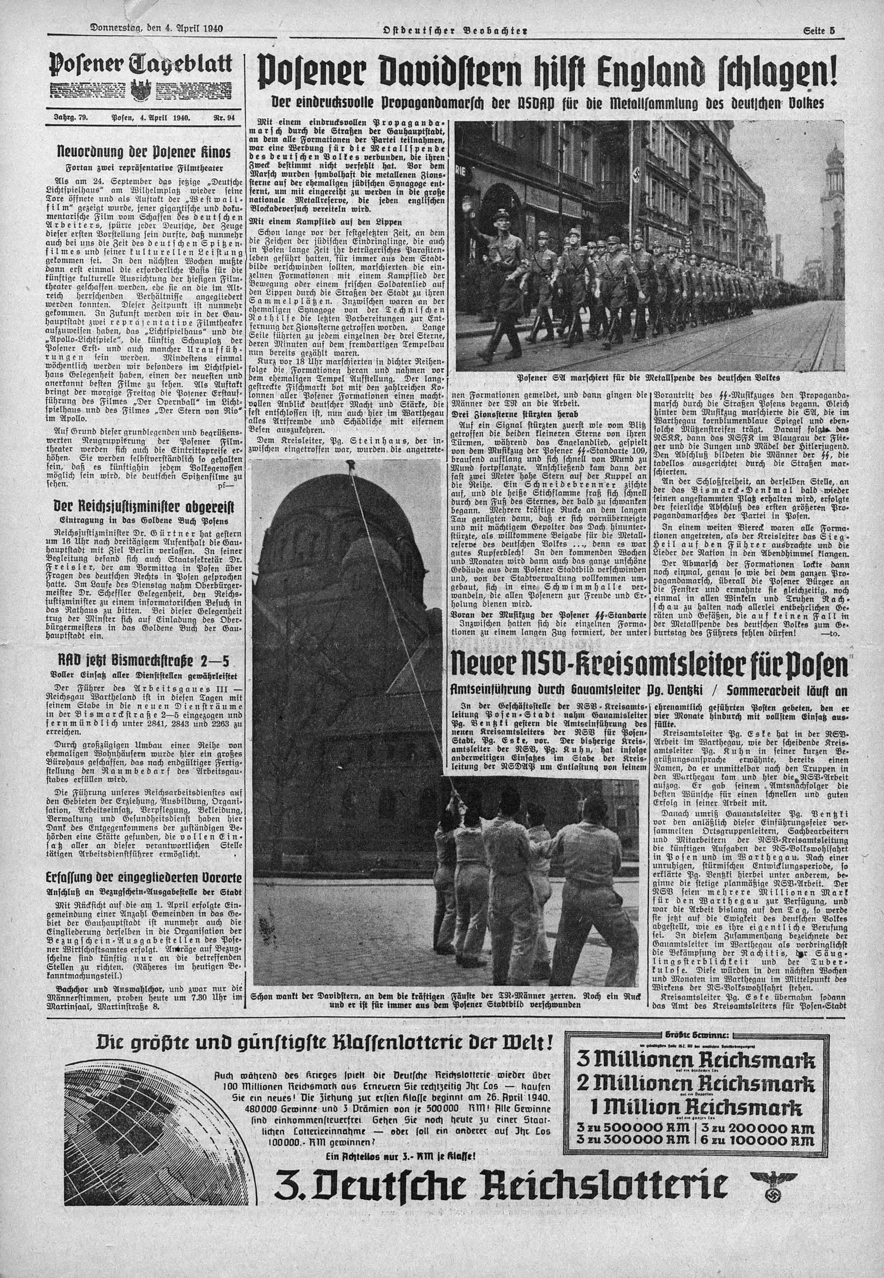 strona starej niemieckiej gazety, na fotografii hitlerowcy zrzucają gwiazdę Dawida z kopuły synagogi z