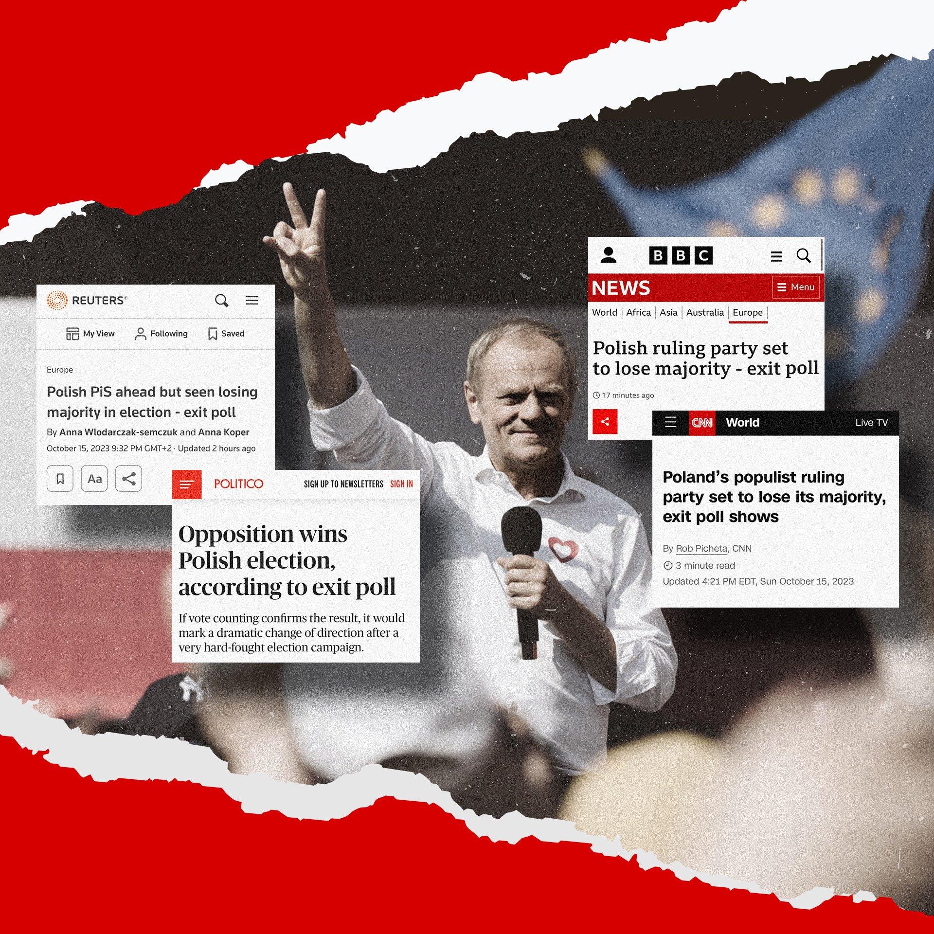 Ilustracja przedstawia Donalda Tuska, lidera Koalicji Obywatelskiej na czerwonym tle, dookoła jego postaci są umieszczone przykładowe nagłówki ze światowych mediów, informujących o wynikach wyborów w Polsce. Widać nagłówek BBC, CNN, Politico i Reutersa.