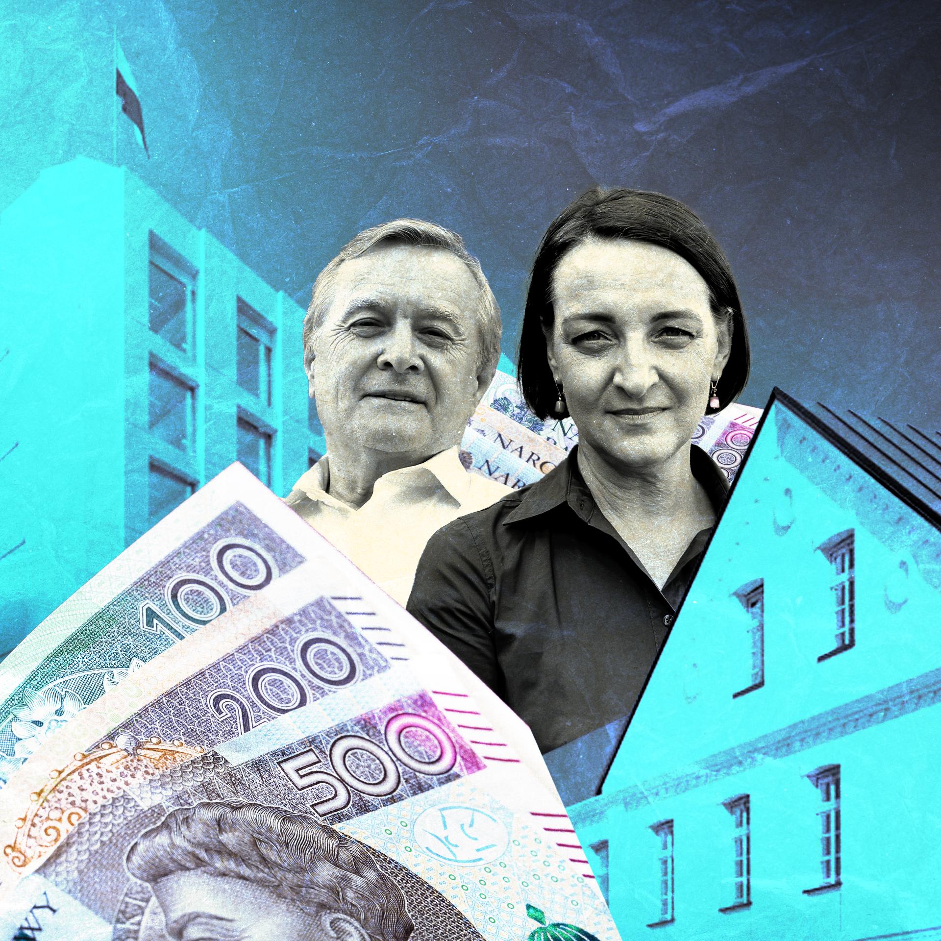 Kolaż: Magdalena Gawin i Piotr Gliński, w tle i na pierwszym planie wizualizacje budynków Instytutu oraz banknoty o nominałach 100, 200 i 500 złotych