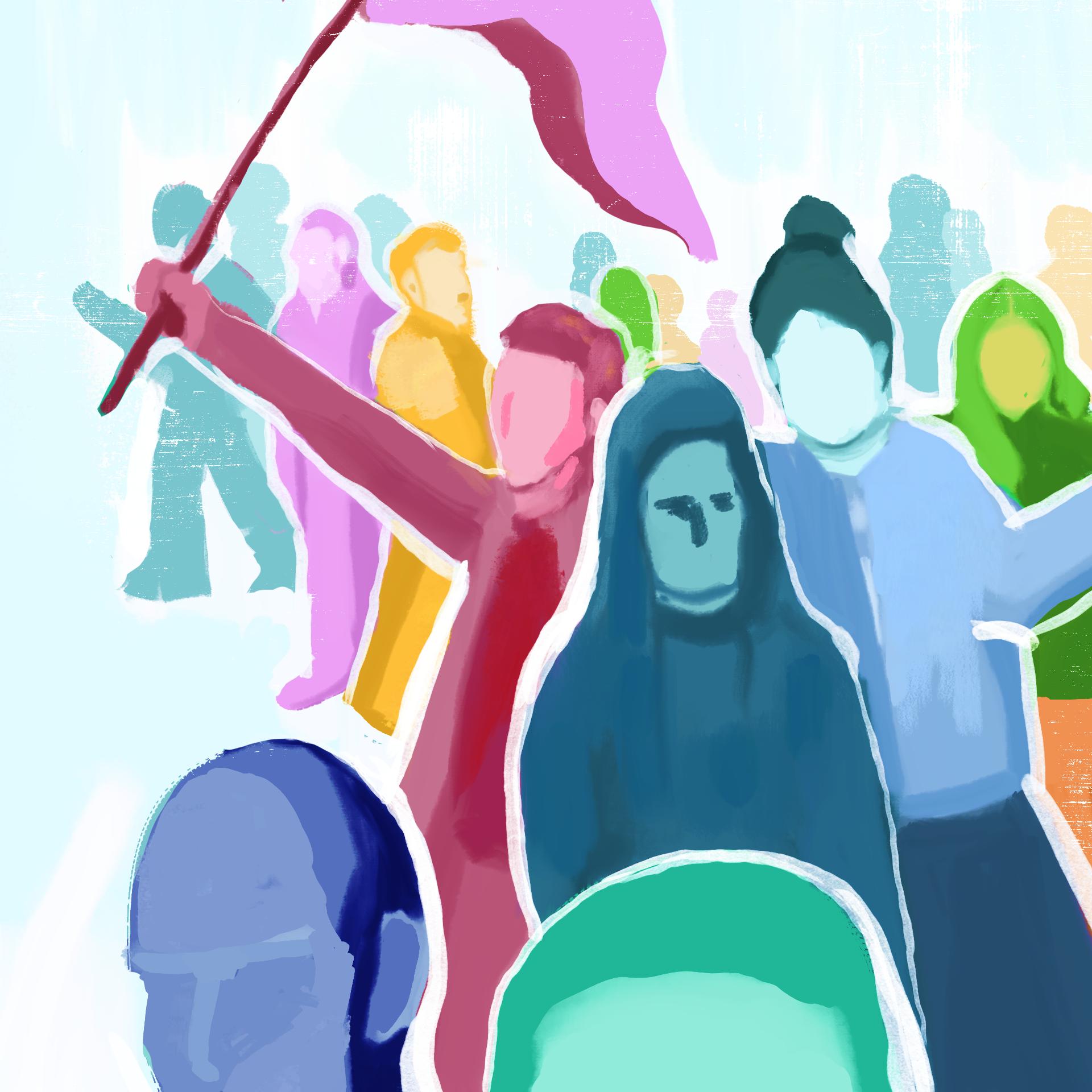 Ilustracja: tłum osób w różnych kolorach