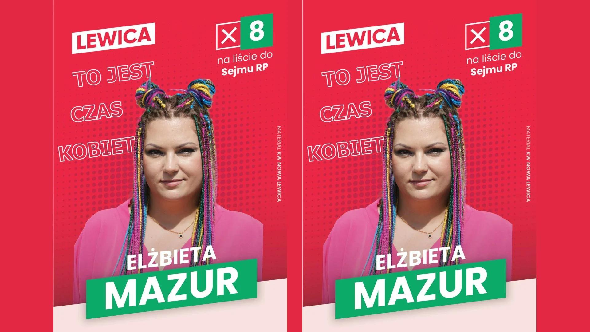 Dwa plakaty wyborcze - na czerwonym tle zdjęcie młodej kobiety z dredami i napis Elżbieta Mazur