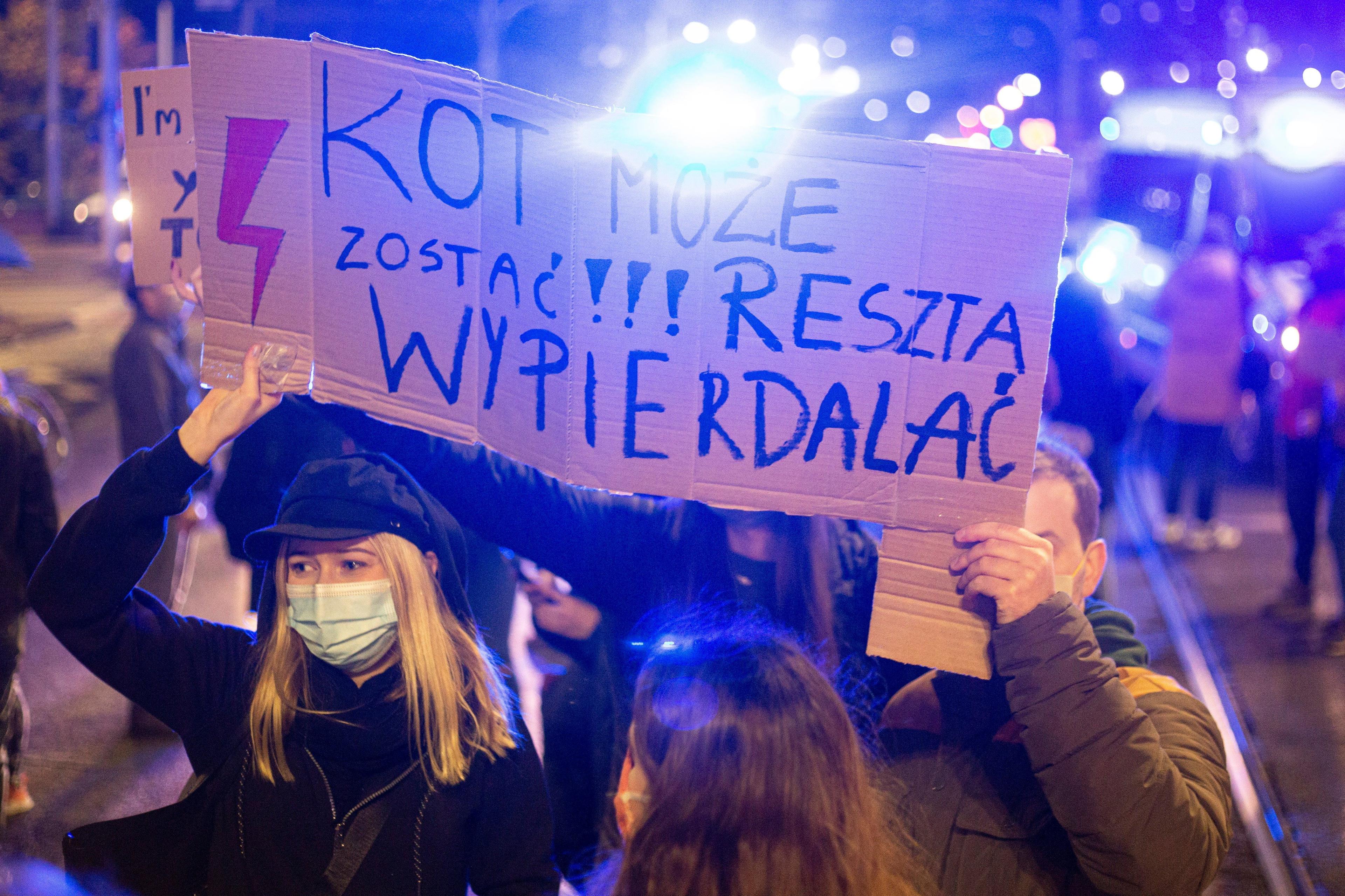 Protest kobiet. Transparent "Kot może zostać, reszta - wypierdalać"
