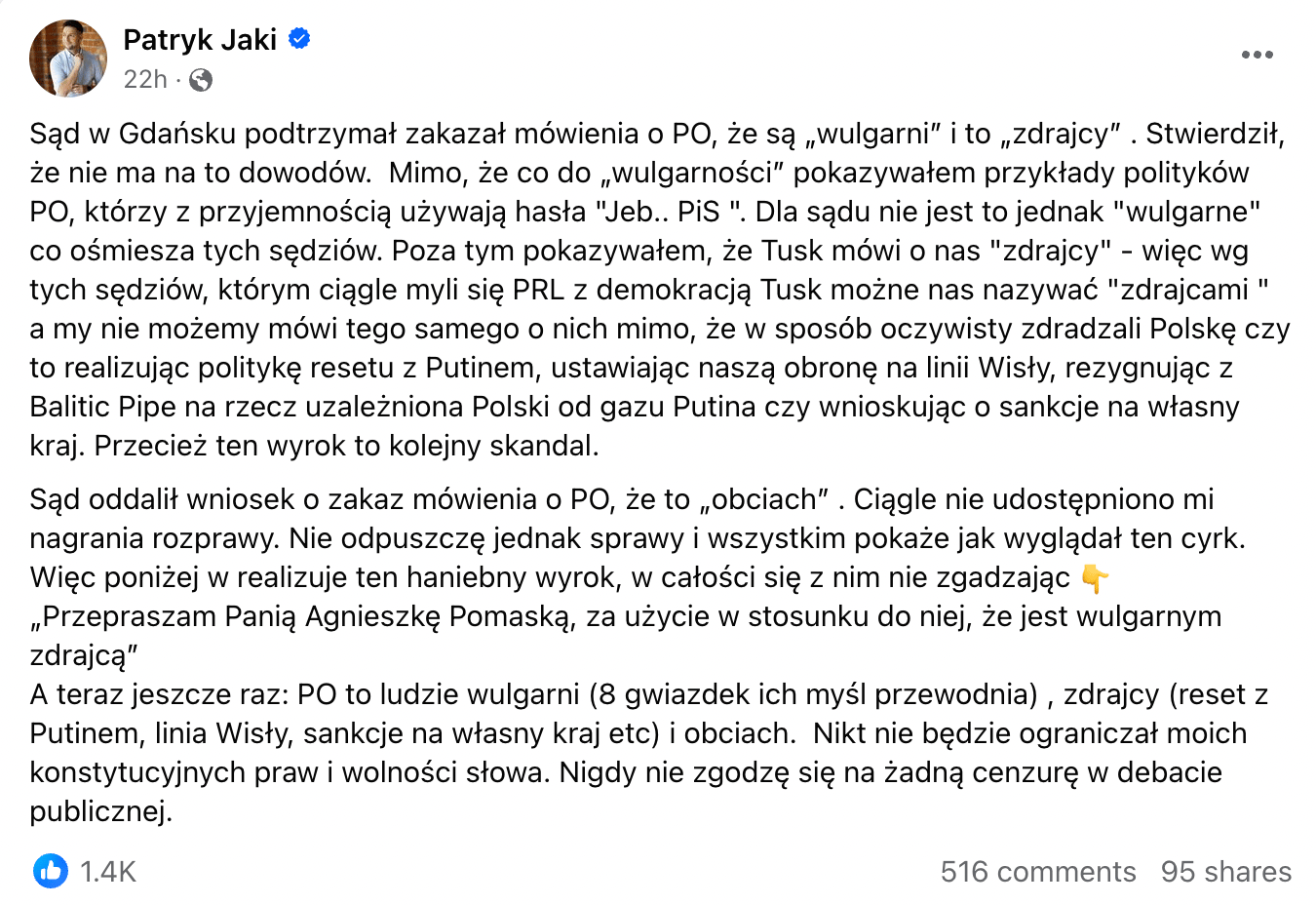 Wpis Patryka Jakiego na Facebooku, w którym przeprasza posłankę KO Agnieszkę Pomaską