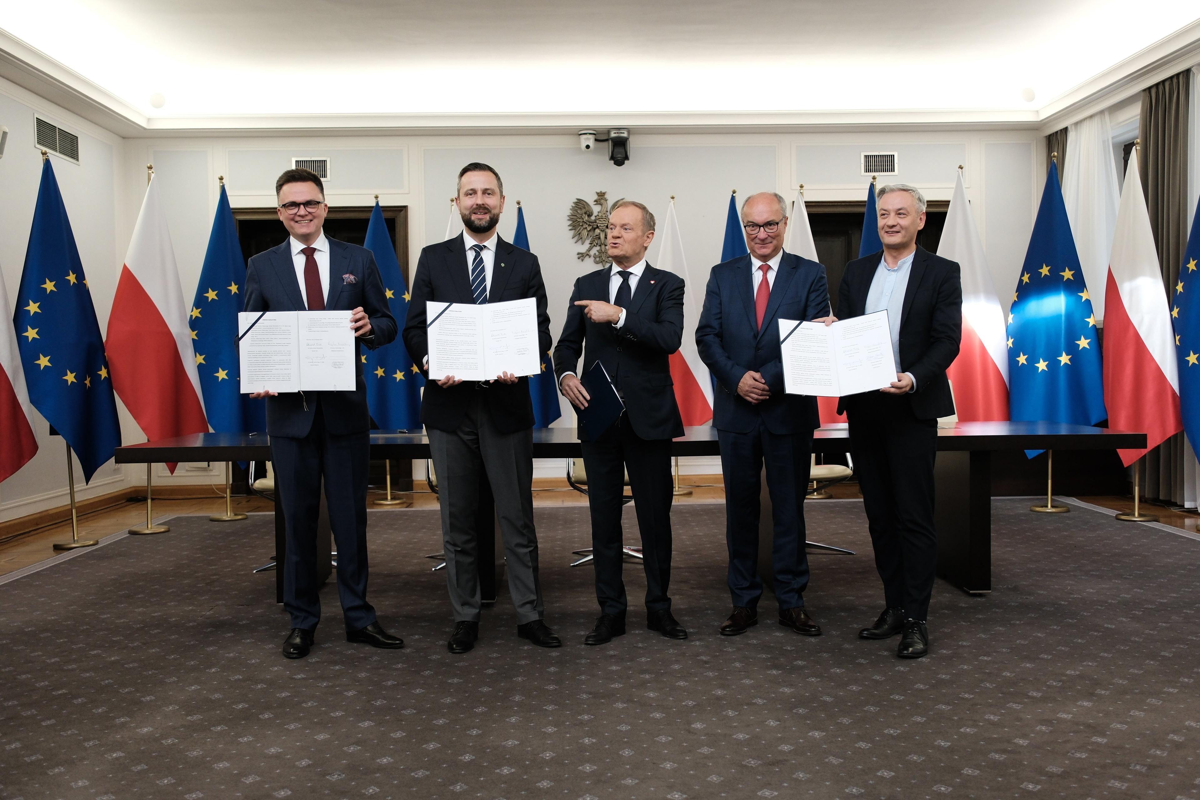 Liderzy Trzeciej Drogi, KO i Nowej Lewicy stoją obok siebie, trzymając podpisaną umowę koalicyjną, w tle flagi Polski i Unii Europejskiej
