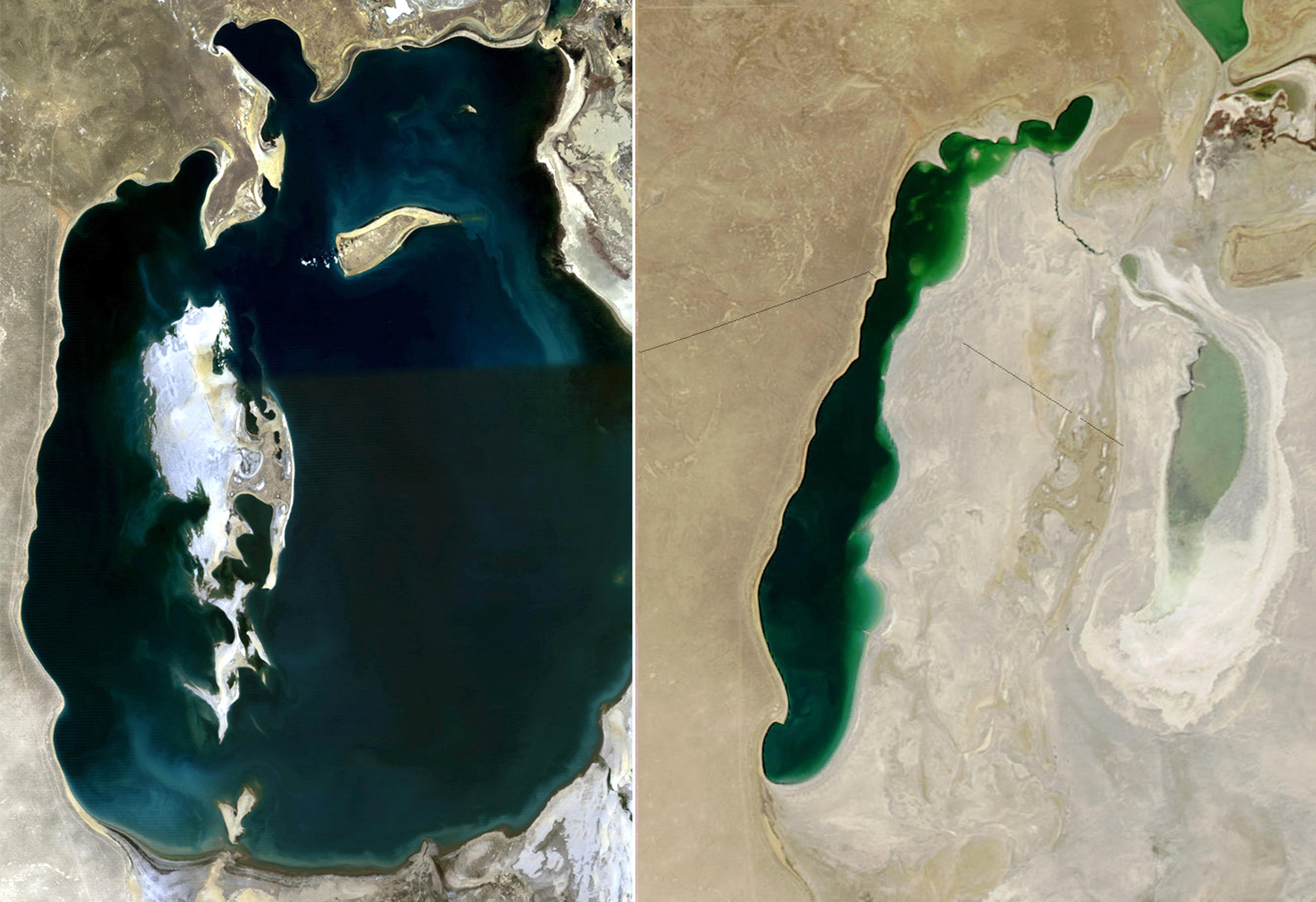 dwa zdjęcia statelitarne - na lewym Morze Aralskie jest wielkim zbiornikiem, na prawym wyschło w 80%